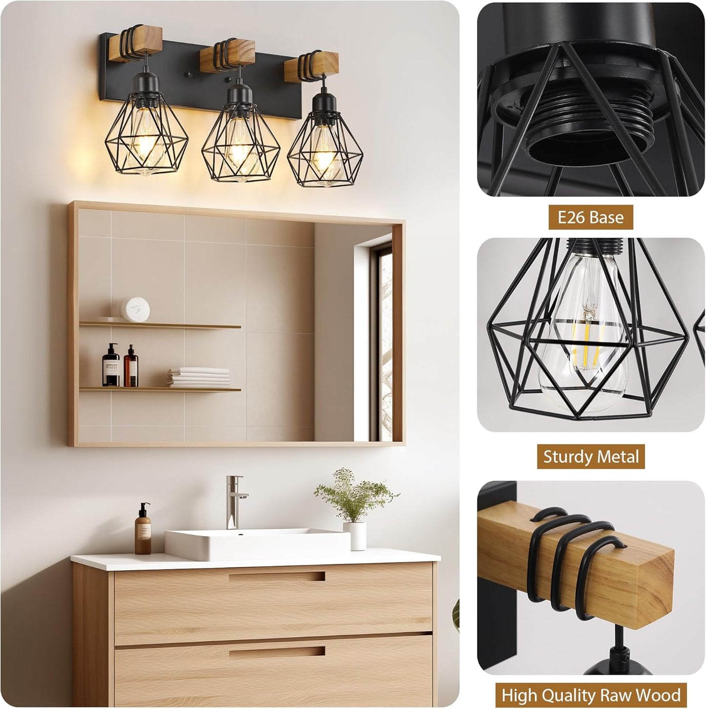 Farmhouse 3-Light Bathroom Vanity Light Fixture - Rustic White Wood Sconces for Mirror
