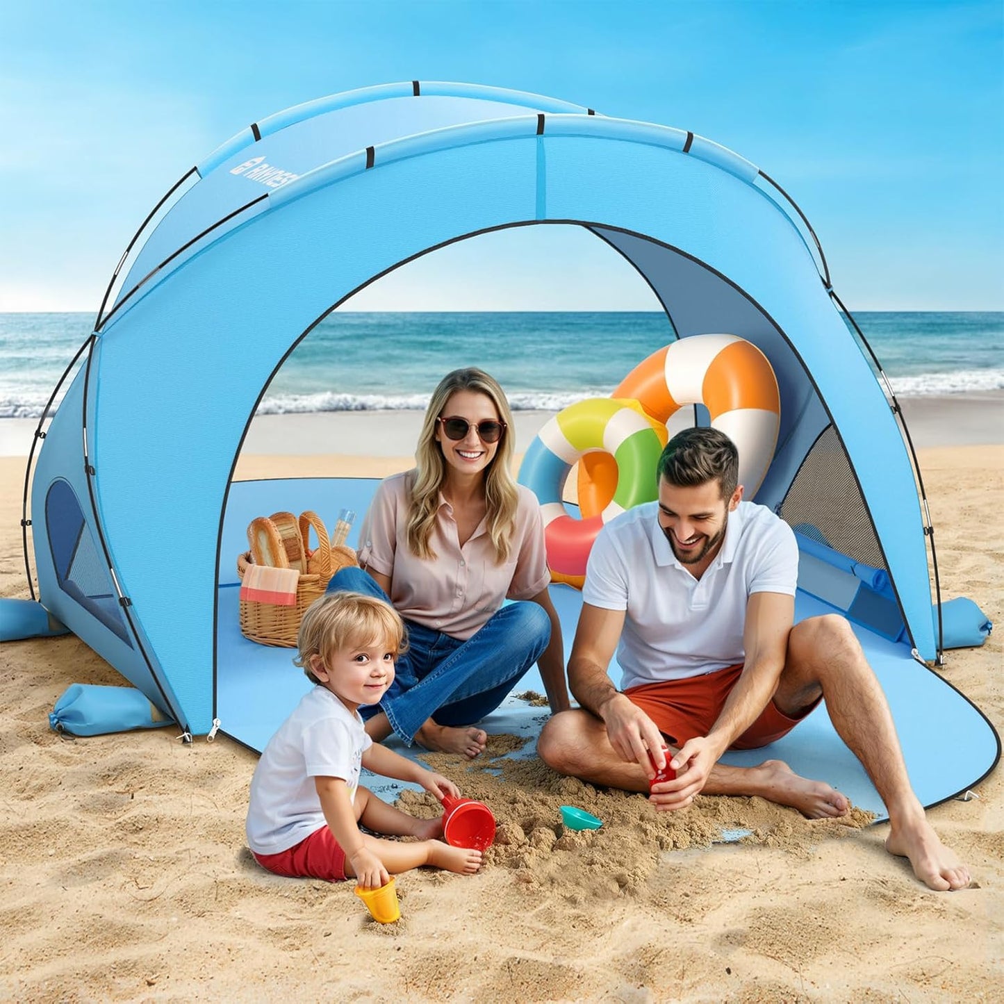 Raynesys Beach Tent - Portable Sun Shelter with UPF50+ UV Protection for 1-3 People | Blue Shade Tent