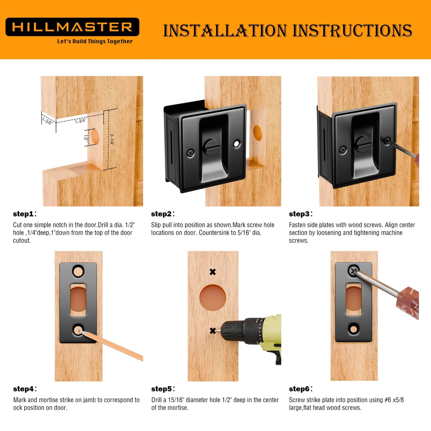 HILLMASTER Pocket Door Hardware, Matte Black Solid Brass Pocket Door Lock Pull, 1-3/8' Thickness, Black, 1 Pack