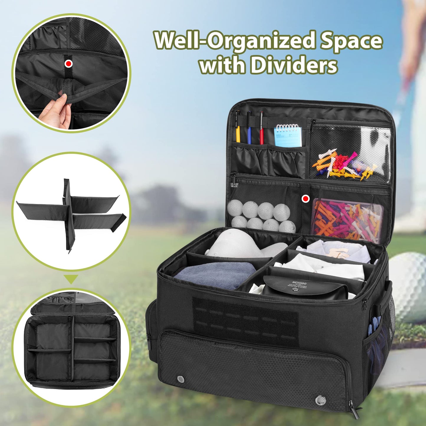 GOBUROS Golf Trunk Organizer Storage with Separate Compartment for 2 Pair Shoes Up to US Mens 16, Golf Car Locker Organizer for Balls, Tees, Clothes, Gloves, Accessories, Black