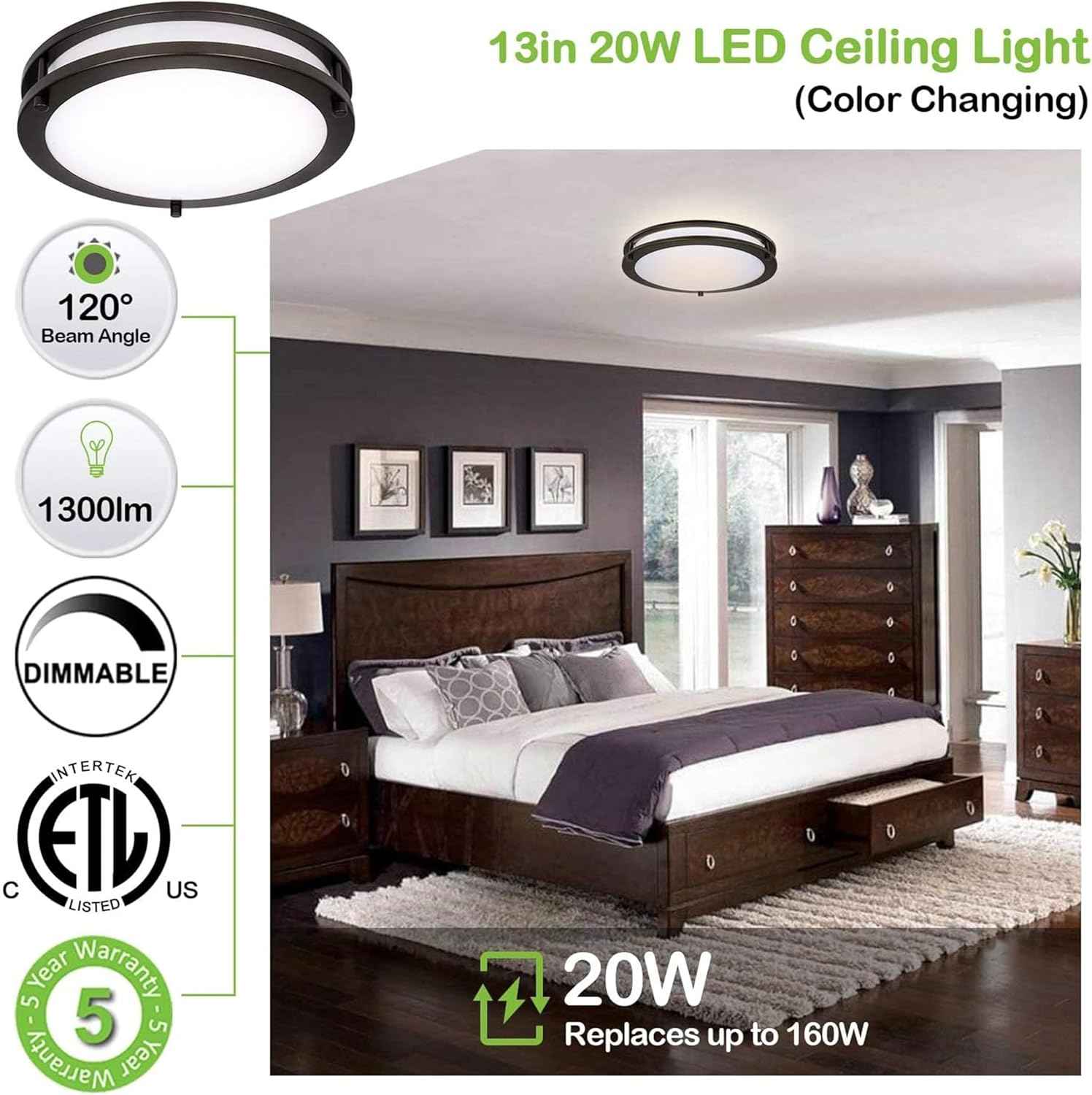 Adjustable 13-Inch Gold LED Flush Mount Ceiling Light Fixture - Dimmable 2700K-5000K for Hallway, Bathroom & Kitchen (2-Pack)