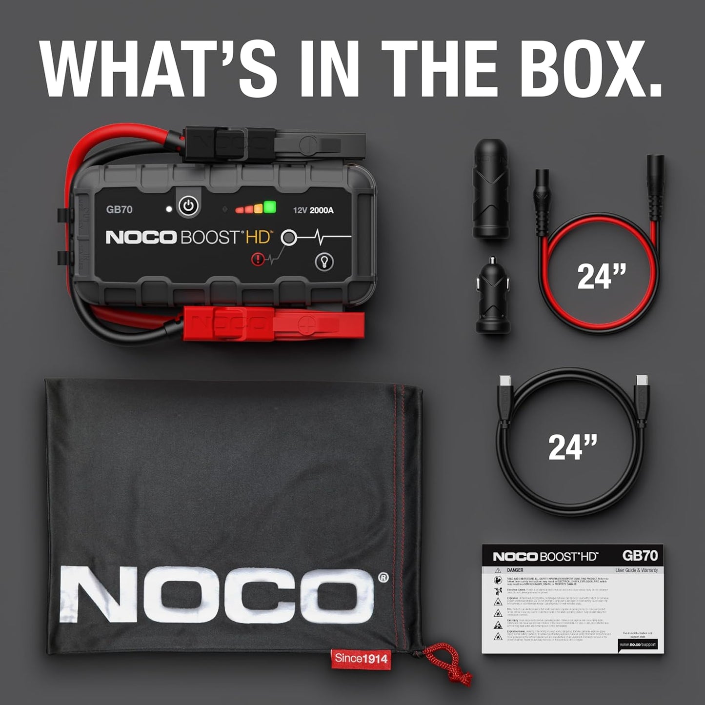 NOCO Boost GB70 Jump Starter - 2000A UltraSafe Lithium Battery Booster for 8.0L Gas & 6.0L Diesel Engines