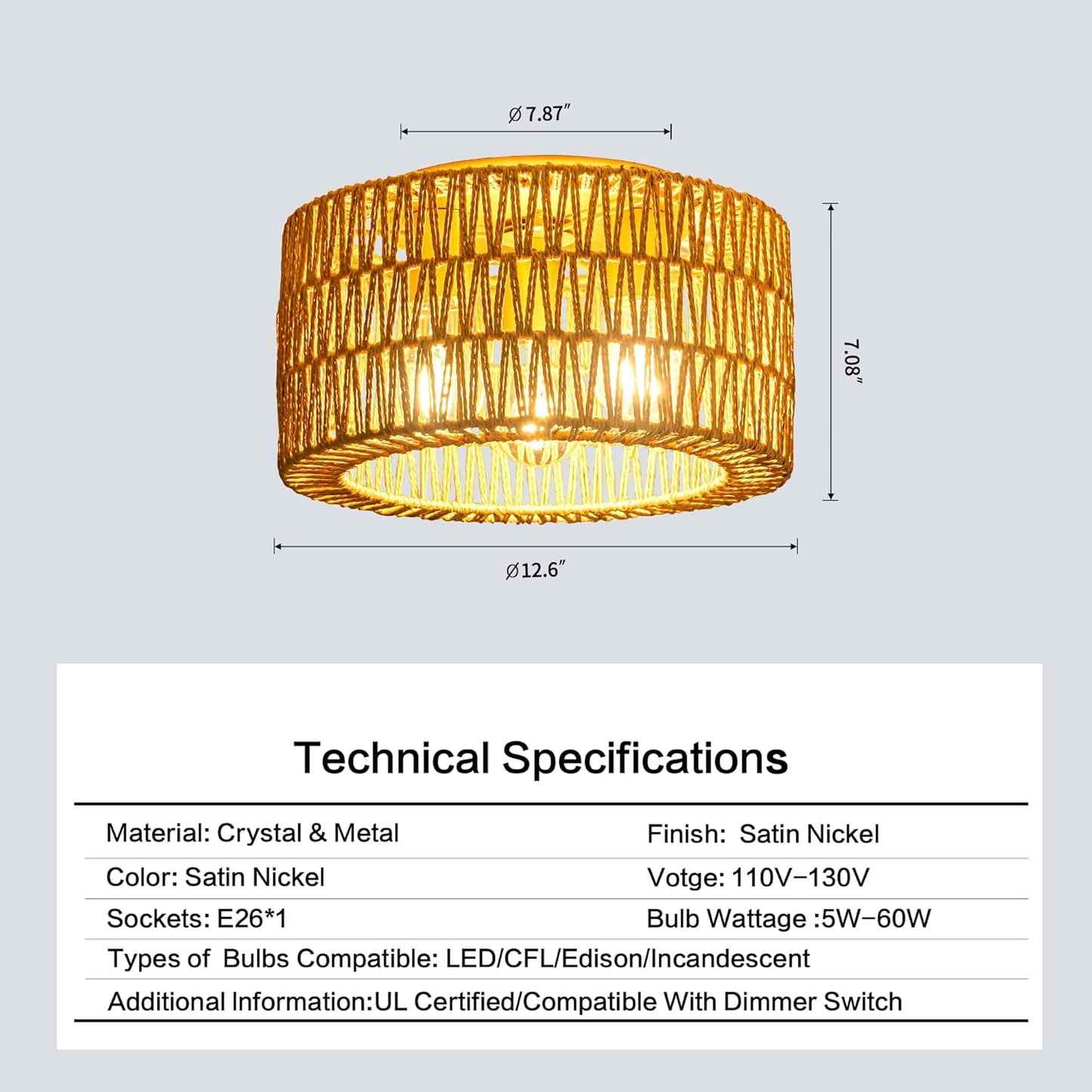Bohemian Rattan Ceiling Light Fixture - 3-Light Woven Flush Mount for Bedroom & Living Room