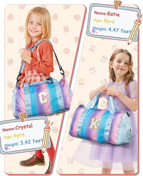 Girl Must Haves-Girl Gym Bag with Shoe Compartment, Kid Personalized Weekender Overnight Bags, Travel Tote with Makeup Pouch, Gift for 3 4 5 6 7 8 9 10 11 12 Year Old Girls (Letter S)
