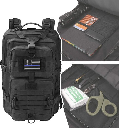 Hannibal Tactical MOLLE Assault Backpack - Military-Grade 3-Day Rucksack with USA Flag Patch | Black