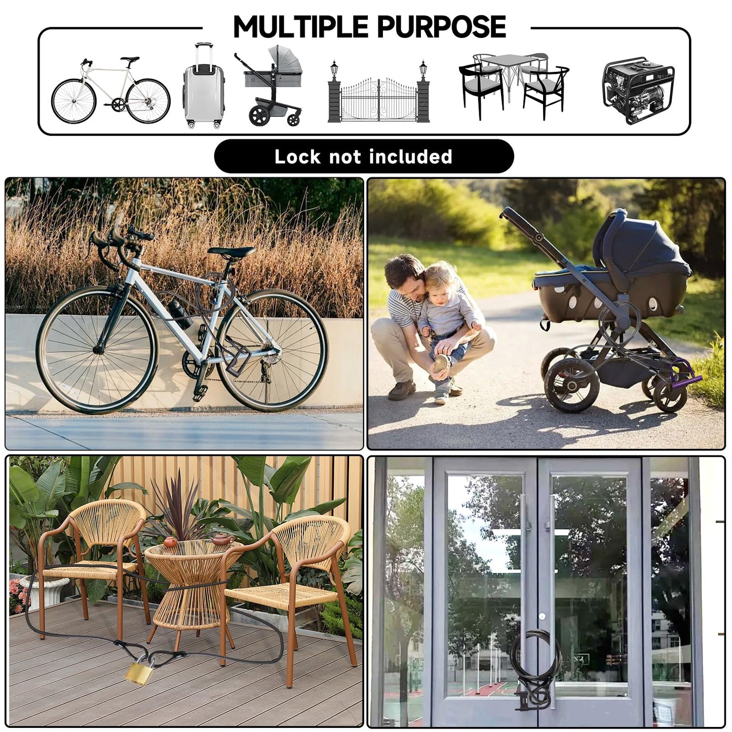 FEUOWEL Bike Lock Cable, 10mm Thick/4FT Long Heavy Duty Security Cable with Loops, Vinyl Coated Cut Resistant Anti-Theft Bike Cable Lock Security Chain Bike Steel Cable (4ft, 7ft, 15ft Available)