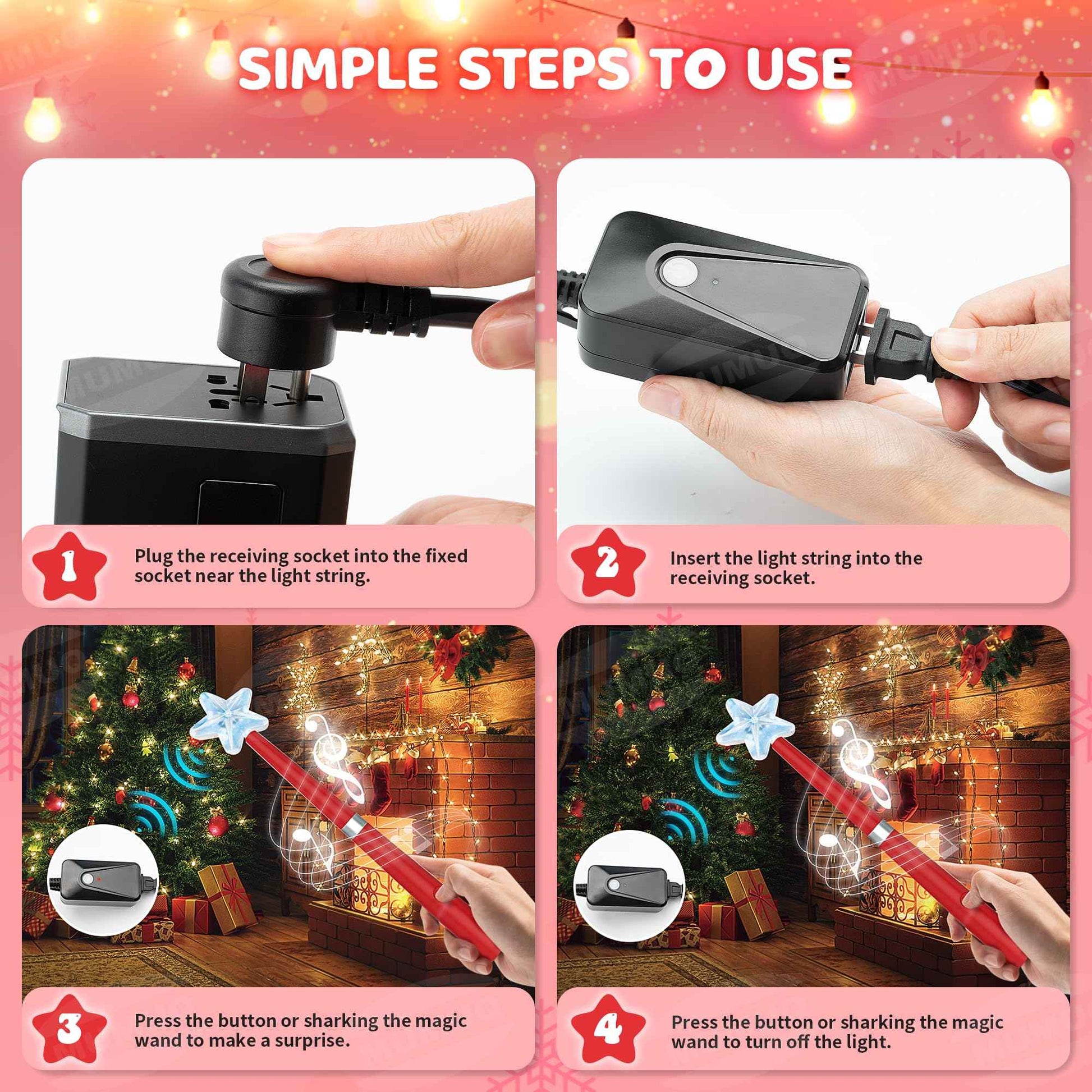 Magic Christmas Light Wand Wireless Magic Remote Wand Switch Kit with Music Surpised for Kids Remote Control Outlet Switch for Christmas Tree Lights Decor String Lights Indoor/Outdoor, Red