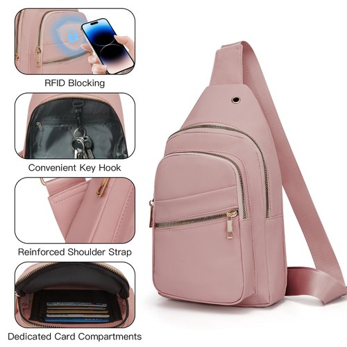 Aganmi Small RFID Waterproof Travel Crossbody Sling Bags for Women Men, Hands Free Lightweight Sling Backpack Fanny Pack Cross Body Bag for Outdoors Hiking Traveling Fitness Commuting Leisure Pink