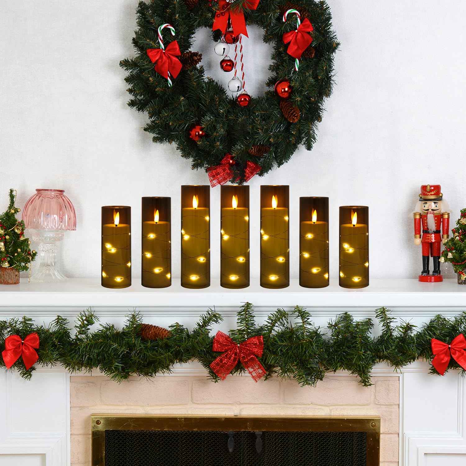 Flameless Candles Flickering LED Lights 7 PCS Battery Operated Candles with Remote & Timer, with Embedded Star String Lights for Home Decoration Wedding Festival Cafe Restaurant (Grey)