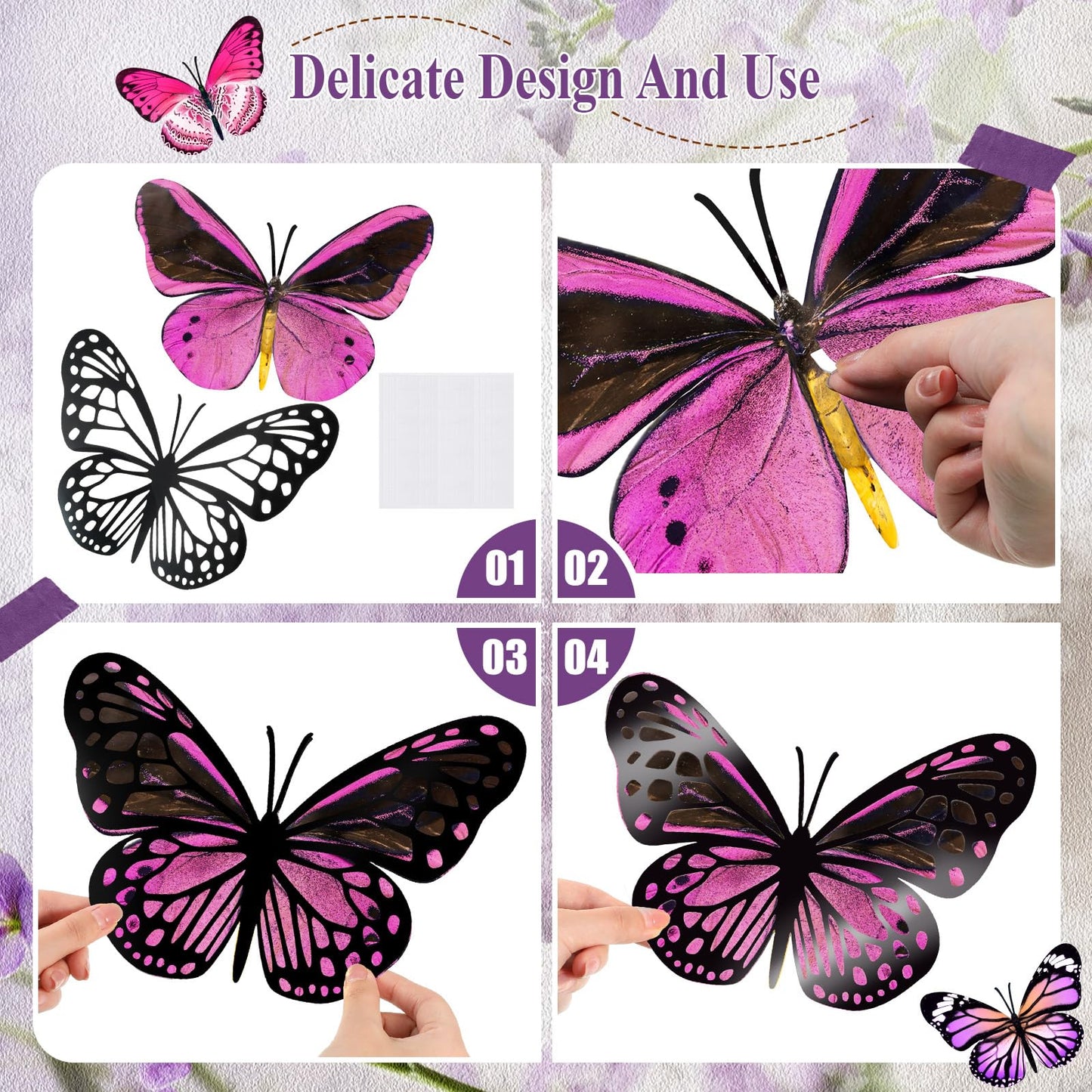 Geosar 20 Pcs 3D Large Monarch Butterfly Party Decoration 2 Layer Giant Paper Butterfly Stickers for Birthday Baby Shower Nursery Wall Decor (Purple,Rose Red)