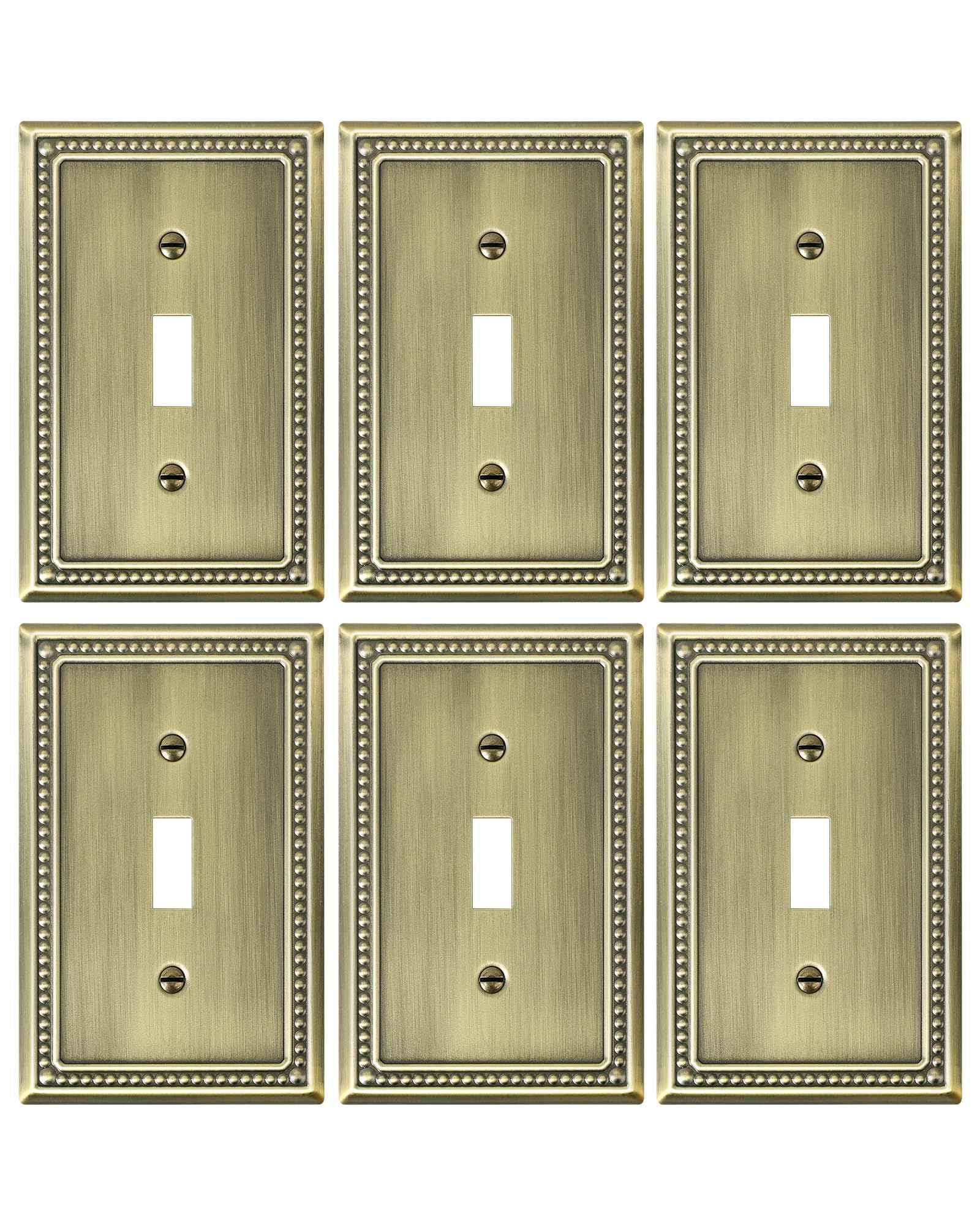 TREEWELL 6-Pack Single Toggle Light Switch Cover Plate, Pearls Decorative Switch Plate Covers, Antique Brass 1 Gang Metal Wall Plate, Corrosion Resistant