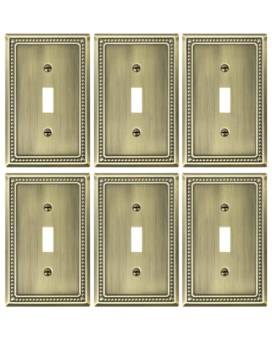 TREEWELL 6-Pack Single Toggle Light Switch Cover Plate, Pearls Decorative Switch Plate Covers, Antique Brass 1 Gang Metal Wall Plate, Corrosion Resistant