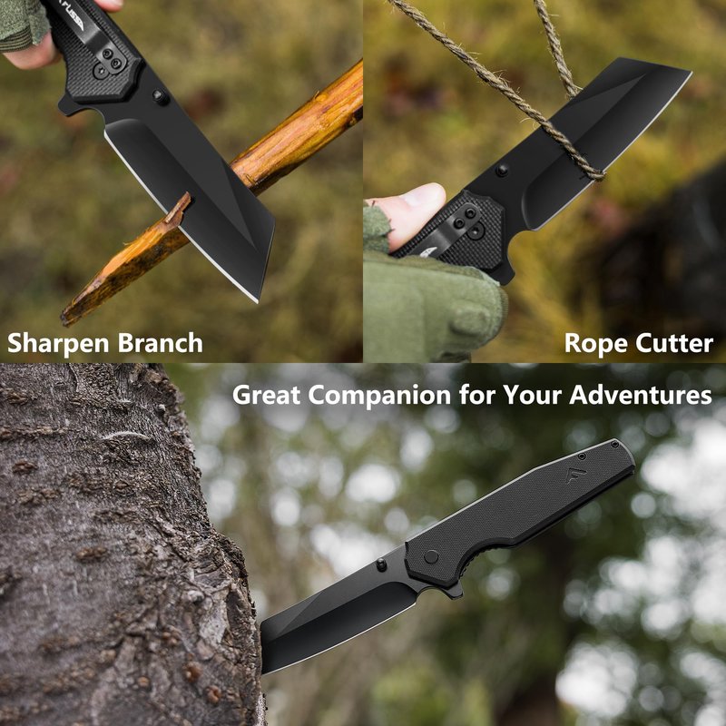 FLISSA Folding Knife, 4-3/4" Reverse Tanto Folding Pocket Knife, Black Stonewash Blade, G10 Handle, for Hunting, Survival, Camping and Outdoor Activities, Perfect for Dad, Husband, Friend
