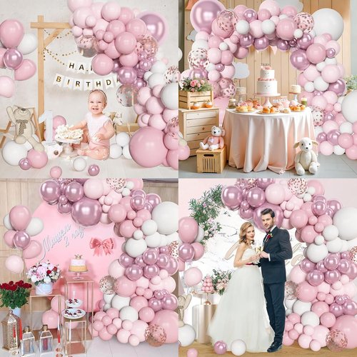 Amandir 153-Piece Pink & White Balloon Arch Garland Kit - Pastel Latex & Metallic Confetti Balloons for Weddings, Showers & Birthdays