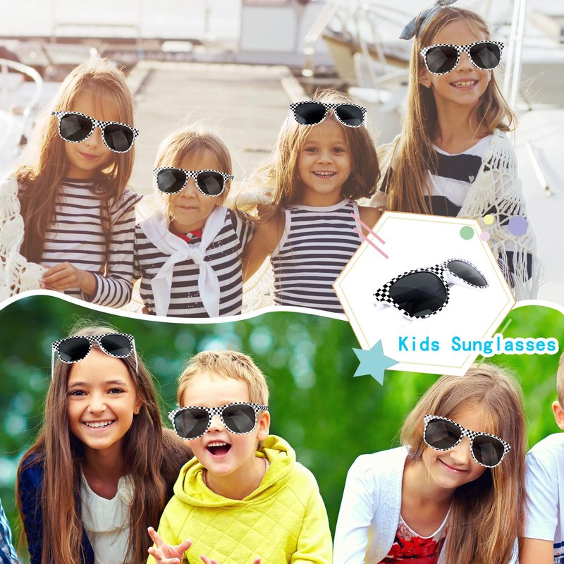 Octaday 24 Pcs Race Car Checkered Sunglasses Bulk White Frame Black Checker Sunglasses for Kids Racing Party Favor Supplies Racing Theme Birthday Gift