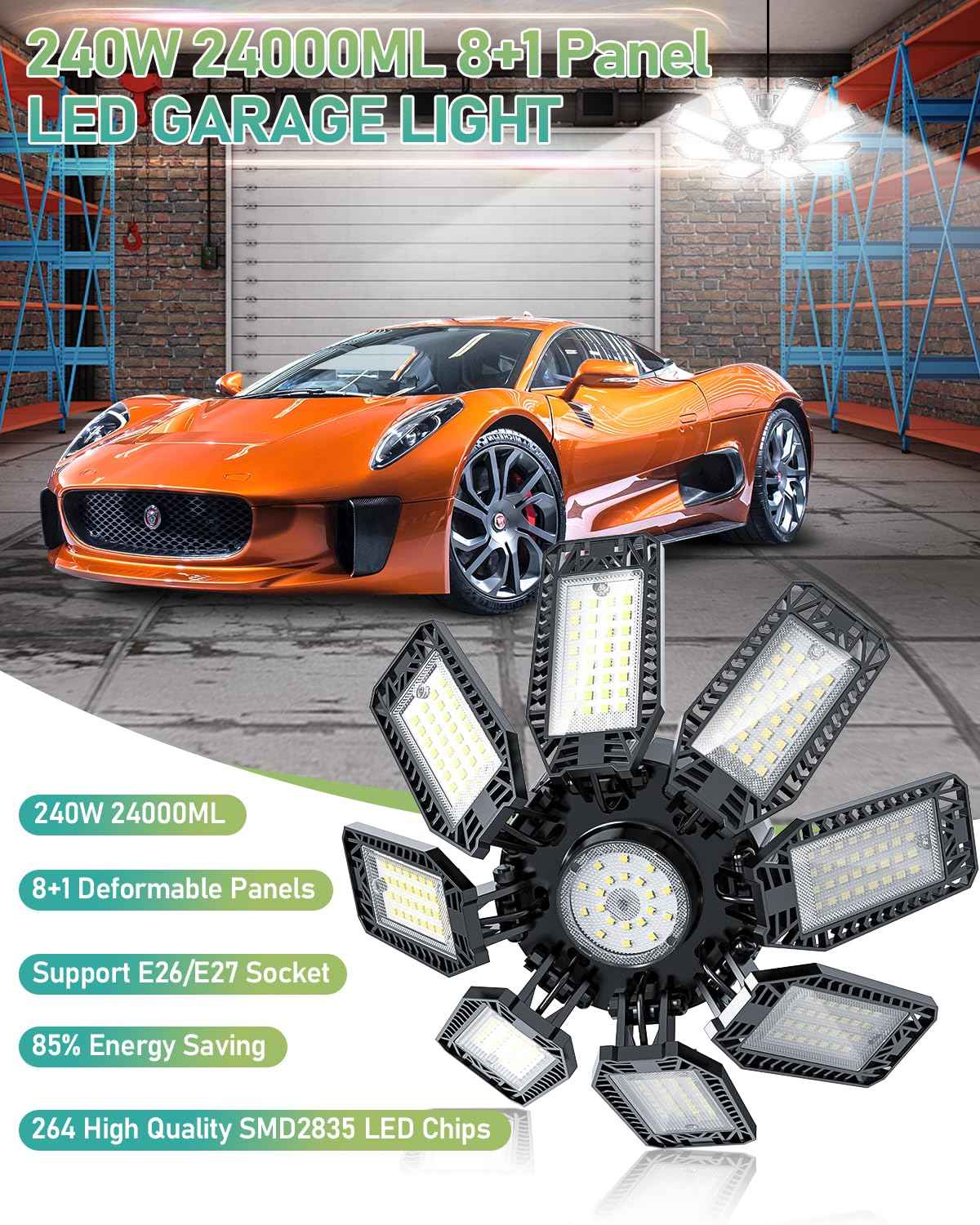 YIBEYYDS Garage Light - 240W 24000LM 6500K LED Garage Ceiling Lights with 8+1 Deformable Panels Support E26/E27 Screw in Light Fixture for Workshop, Basement (6)