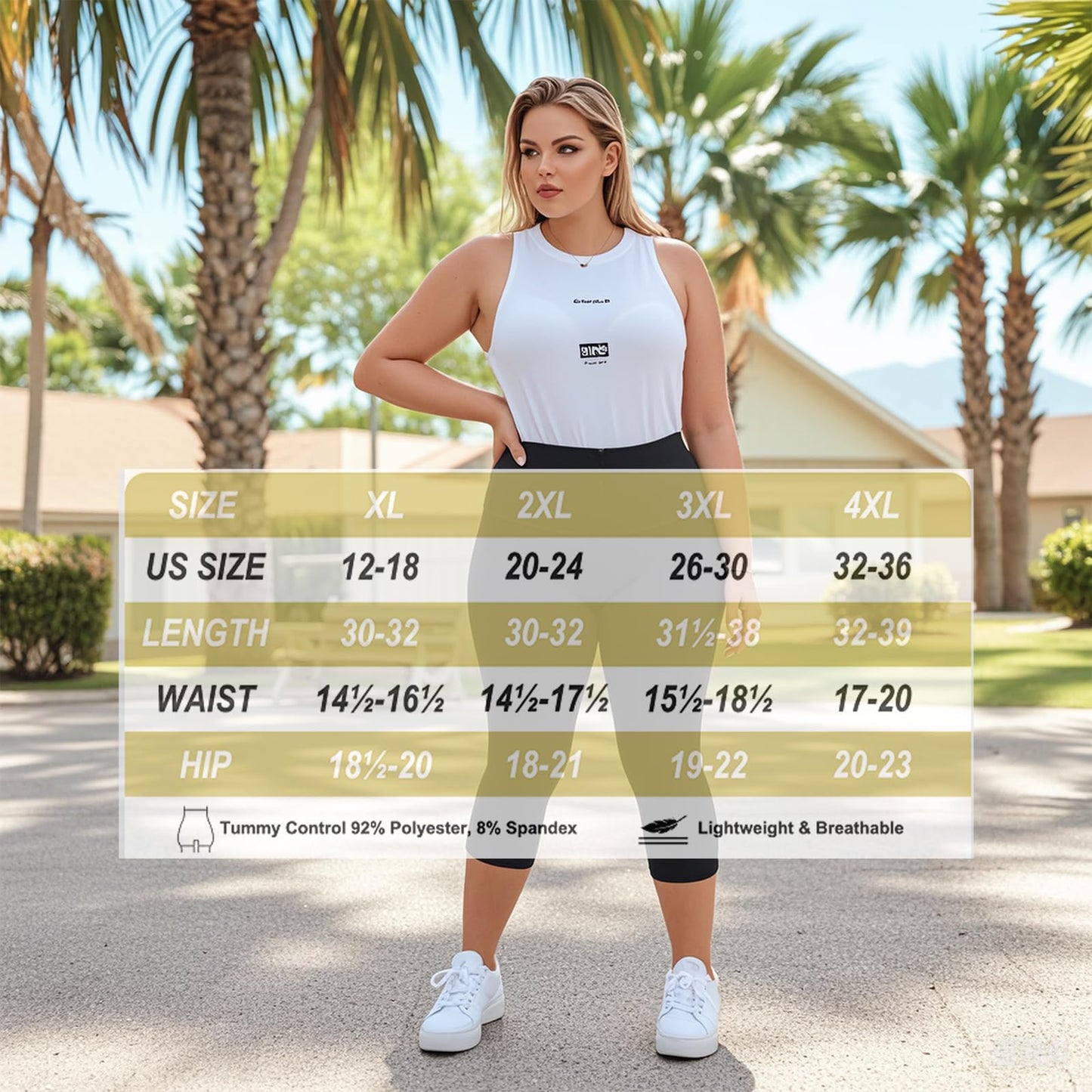 MOREFEEL Capri Plus Size Leggings for Women with Pockets-Stretchy XL-4XL Tummy Control High Waist Workout White Yoga Pants