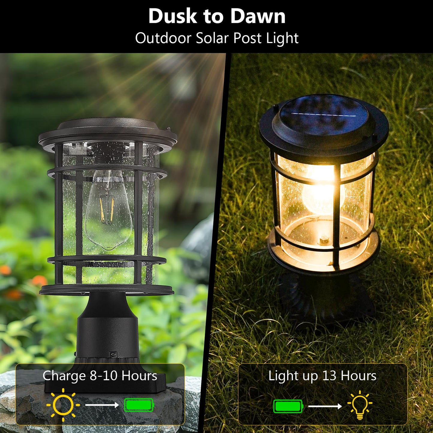 Emliviar 13 Inch Outdoor Solar Post Light, Dusk to Dawn Post Lighting Fixture with Remote Control, Removable Pier Mount with Seeded Glass, XE229P-SL BK