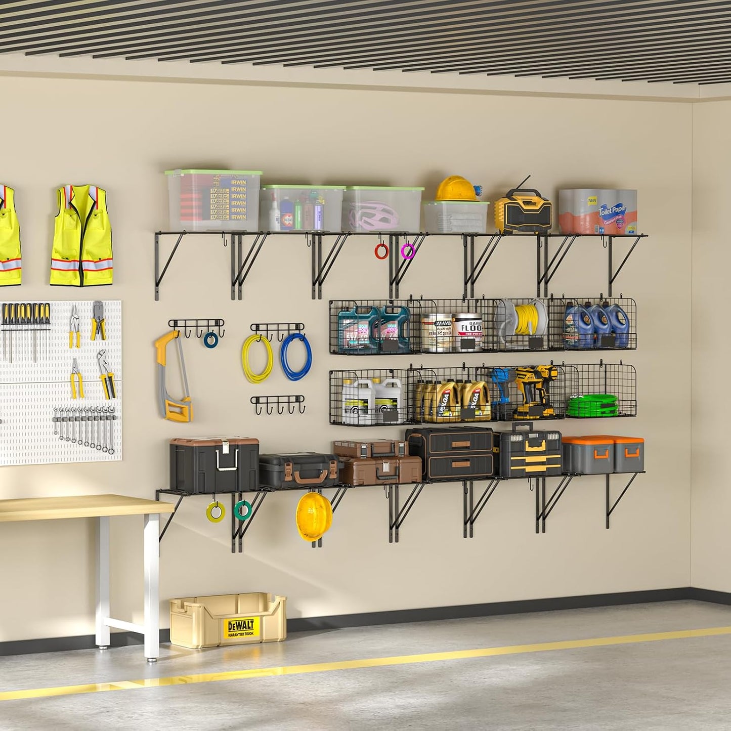 Heavy-Duty Wall-Mounted Garage Shelves with Wire Baskets & Hooks - 2 Pack Tool Organizer for Home & Garden Storage