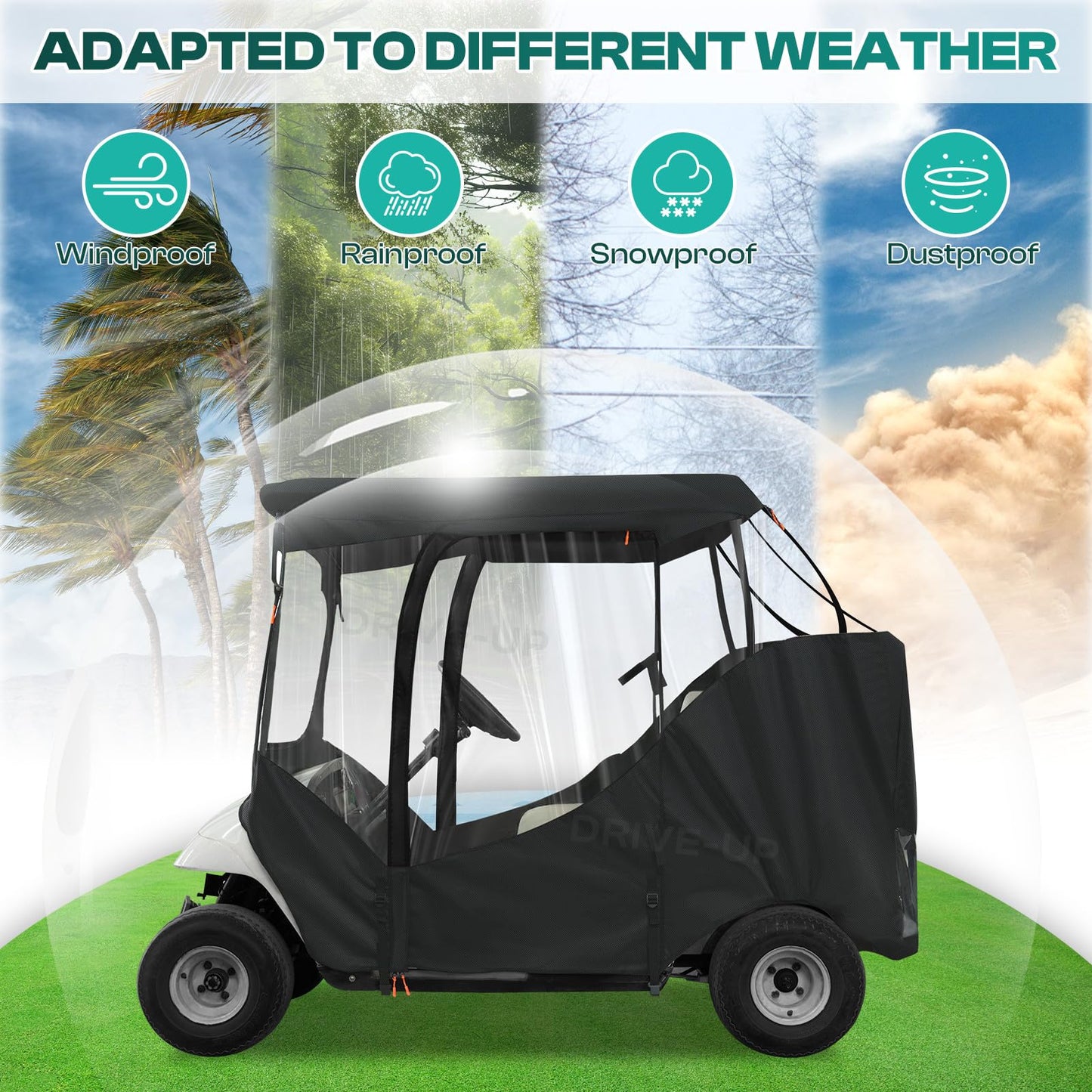 DRIVE UP Upgraded EZGO Driving Enclosure, Golf Cart Enclosure Fits for 2 Passengers EZGO RXV and TXT Golf Cart, 600D Waterproof Golf Cart Rain Cover with 2 Zippered Doors & 4-Sided Clear PVC Windows