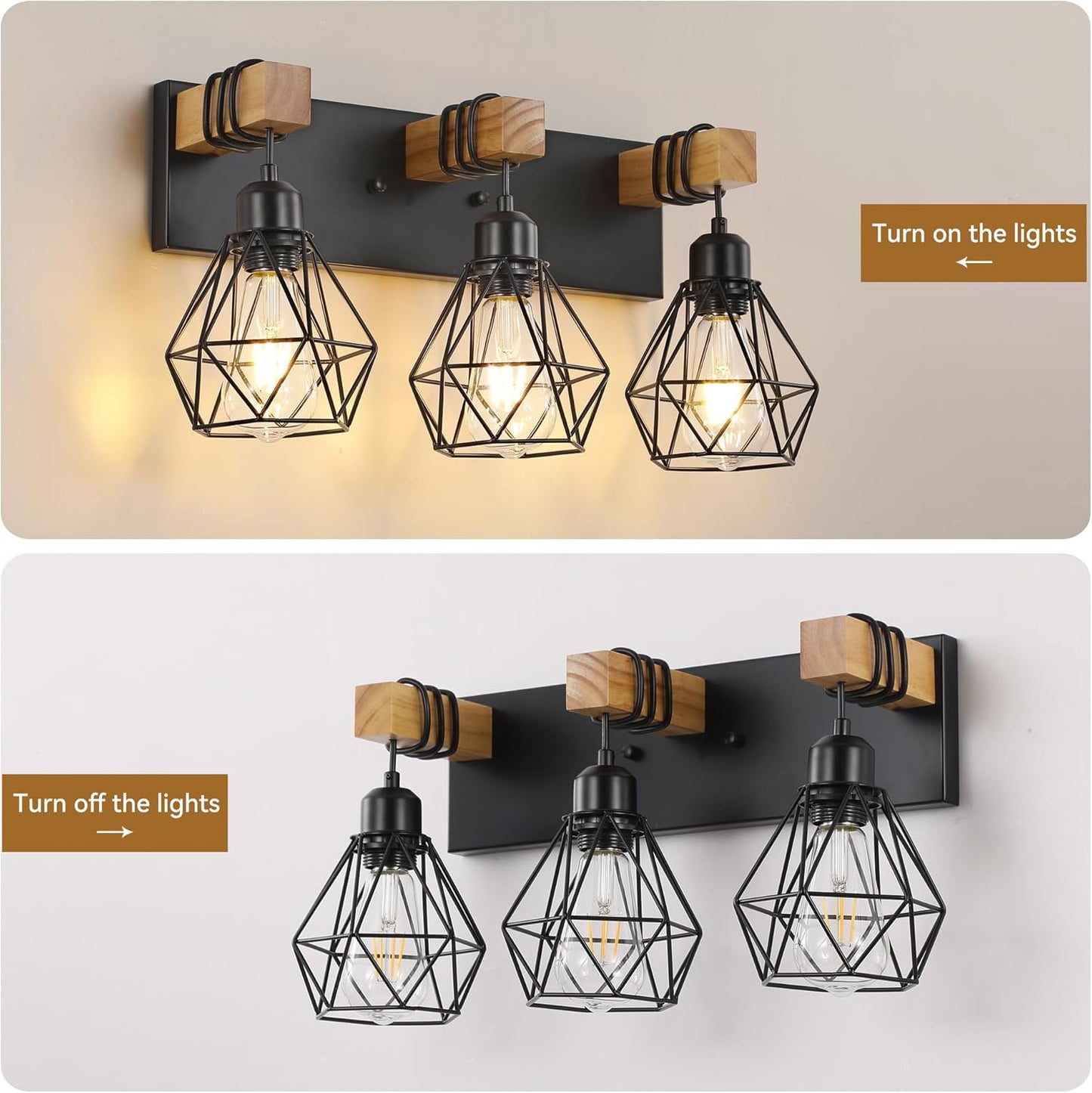 Farmhouse 3-Light Bathroom Vanity Light Fixture - Rustic White Wood Sconces for Mirror
