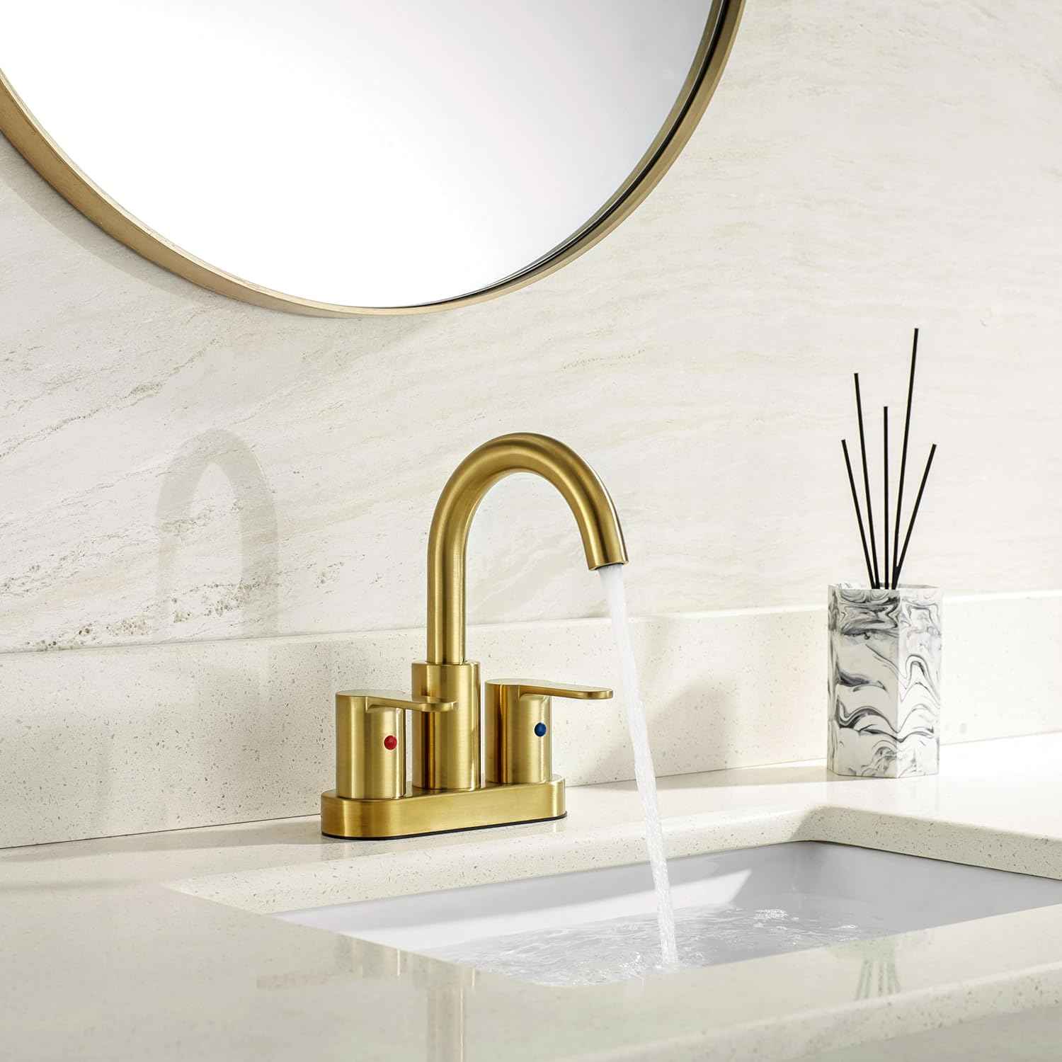 Brushed Gold Bathroom Sink Faucet - Modern 4-Inch Centerset with 360° Swivel Spout & Drain Assembly