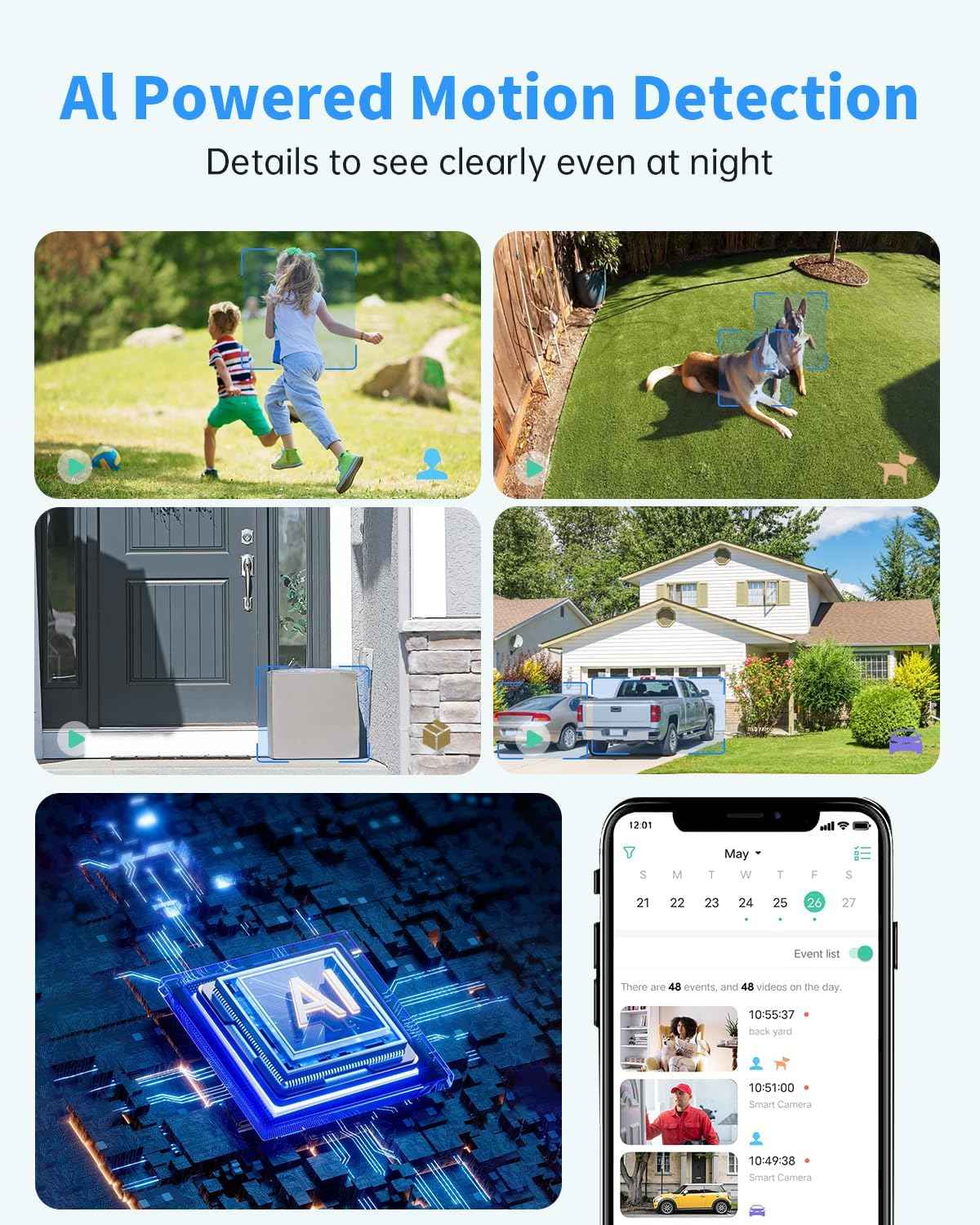 Wireless Outdoor Security Cameras 2-Pack - Solar Battery, 2K Color Night Vision, AI Motion Detection, IP66 Weatherproof, 2-Way Talk