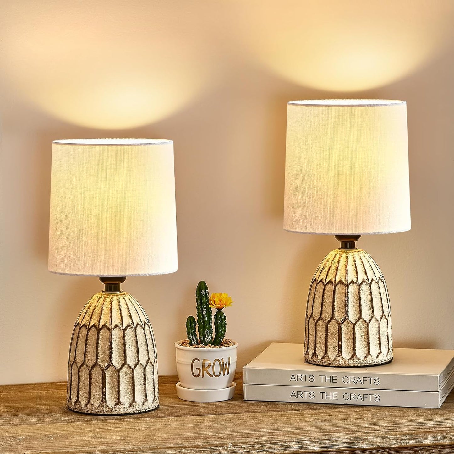 Boho Table Lamps Set of 2 - 13.5" Rustic Ceramic Bedside Lamps for Bedroom & Living Room