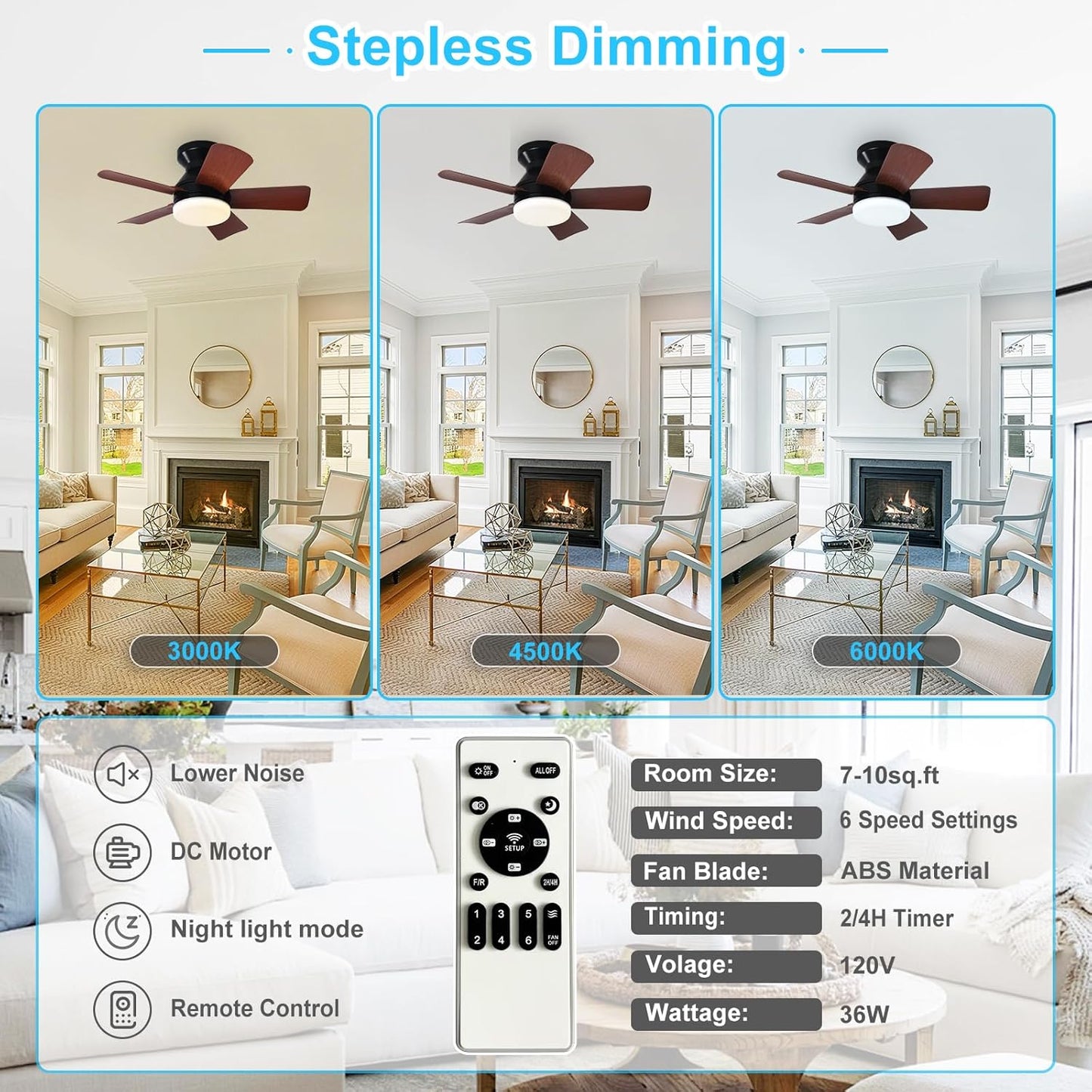 42-Inch Modern Black Ceiling Fan with Light & Remote - Dimmable Low Profile, 5 Reversible Walnut Blades, 6 Speeds for Indoor/Outdoor Use