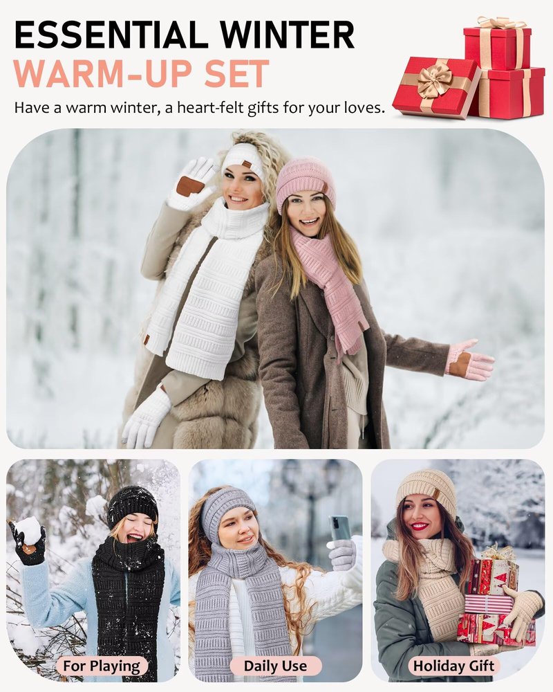 Womens Winter Beanie Hat Scarf Gloves Headband Set, Slouchy Beanie Ear Warmer with Fleece Lined Thick Knit Neck Scarf Touchscreen Gloves, 4 Piece Fashionable Warm Gift Set for Cold Weather(Navy)
