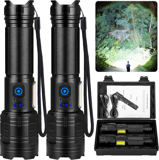High Lumens Rechargeable Flashlights 90,000 - 2 Pack, Super Bright 7 Modes, IPX7 Waterproof for Camping & Home