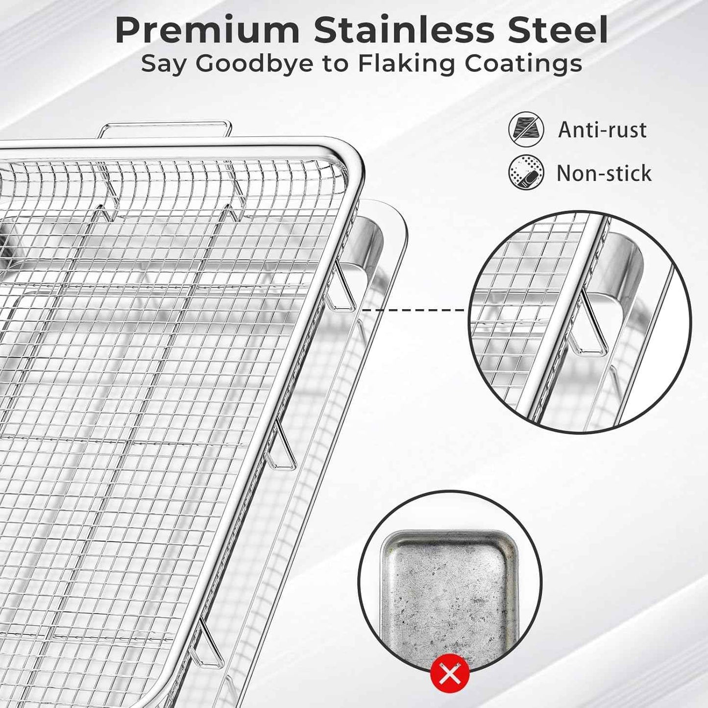 Air Fryer Basket Set with Parchment Papers - Non-Stick Stainless Steel Trays (2 Sizes)