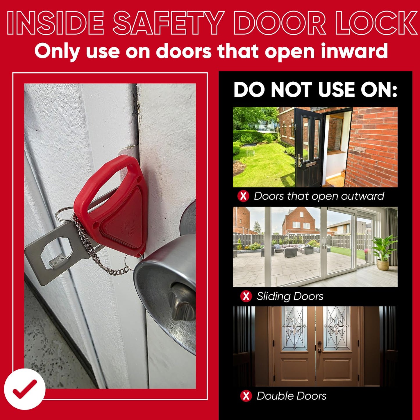 Portable Door Lock Extra Security Essential Safety & Privacy Travel Lockdown, Prevent Entry Stopper, Protect Family While Traveling Home Bedroom Hotel Apartment College (1 Red)