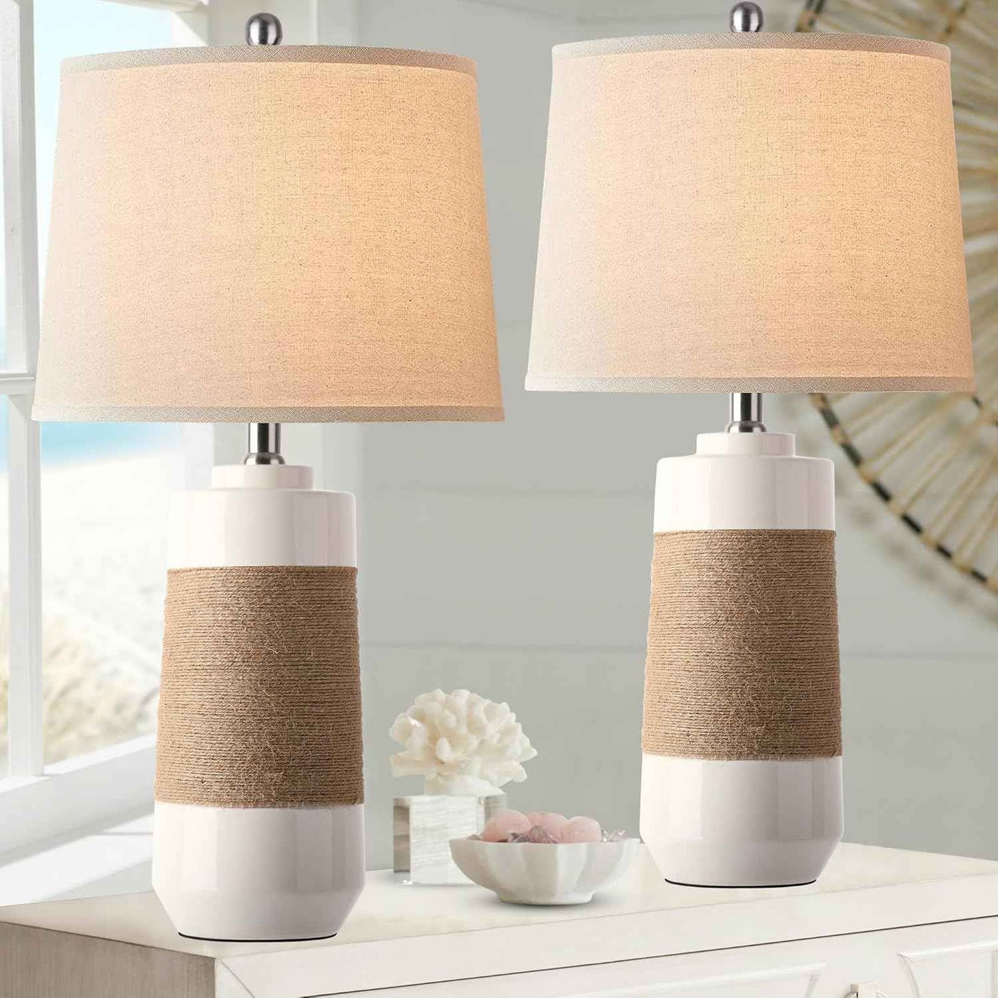 Set of 2 White Boho Ceramic Coastal Lamps with Rope - Nautical Bedside & Living Room Lighting