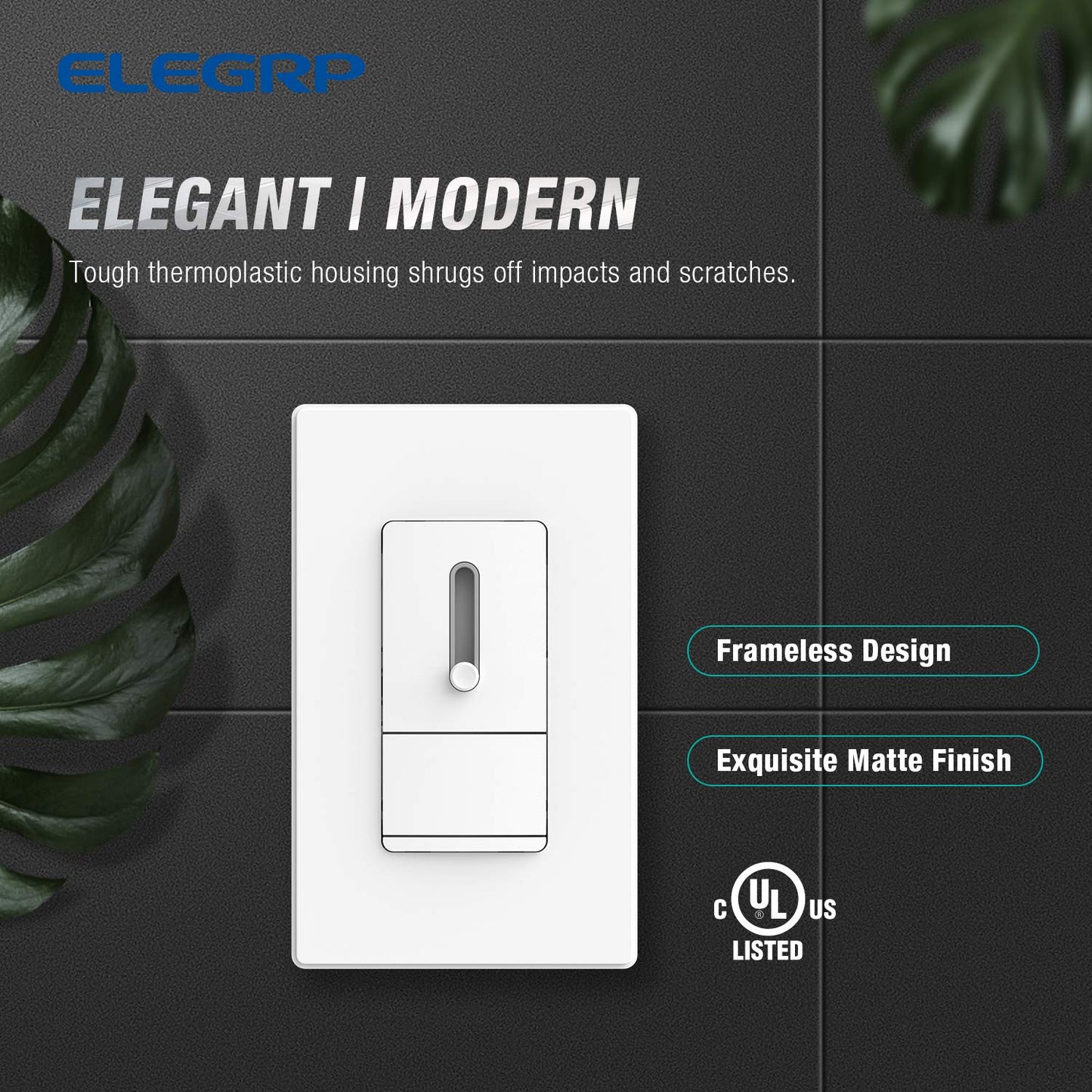 ELEGRP Slide Dimmer Switch for Dimmable LED, CFL and Incandescent Light Lamp Bulbs, Single Pole or 3-Way, Full Control with Preset, Rocker Paddle, Wall Plate Included, UL Listed (10 Pack, Matte White)