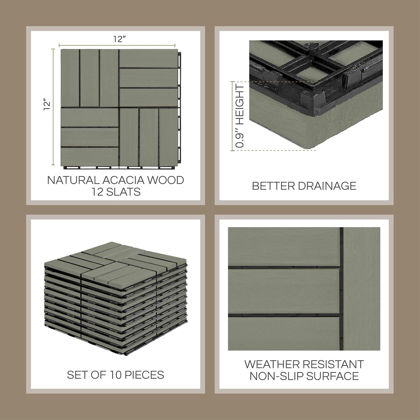 Outdoor Waterproof Acacia Wood Deck Tiles - 10 Pcs Patio Flooring for All Weather Use