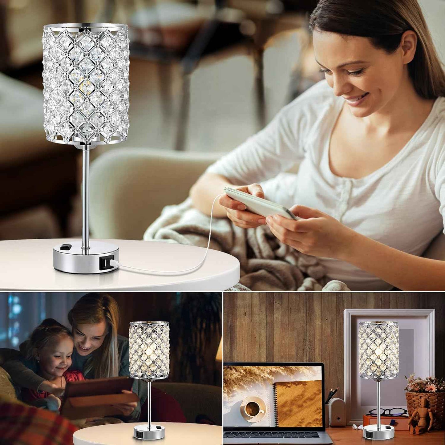 Dimmable Touch Control Crystal Table Lamp Set of 2 with USB-C & AC Ports - Elegant Nightstand Lighting for Bedroom & Living Room