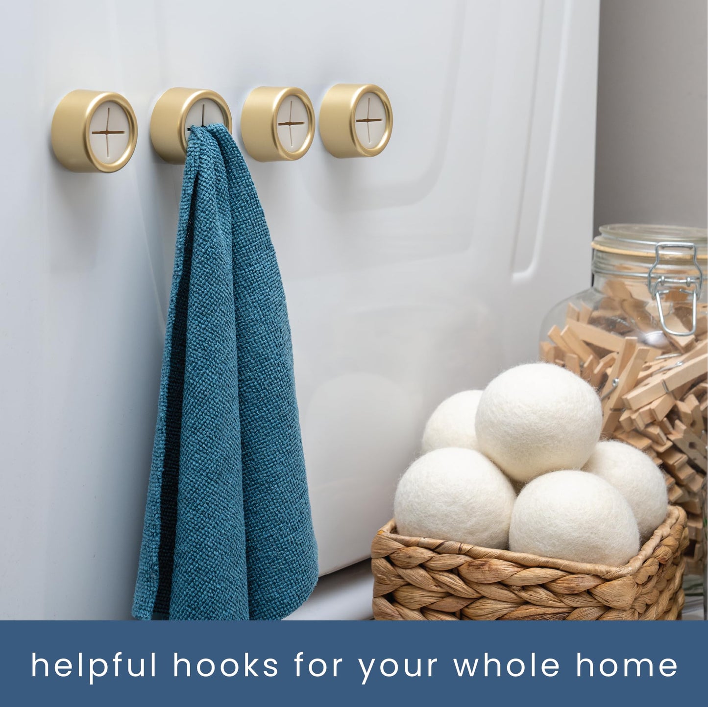 S&T INC. Round Adhesive Push Towel Hooks for Kitchen, Hand and Dish Towels, Brushed Gold, 4 Pack