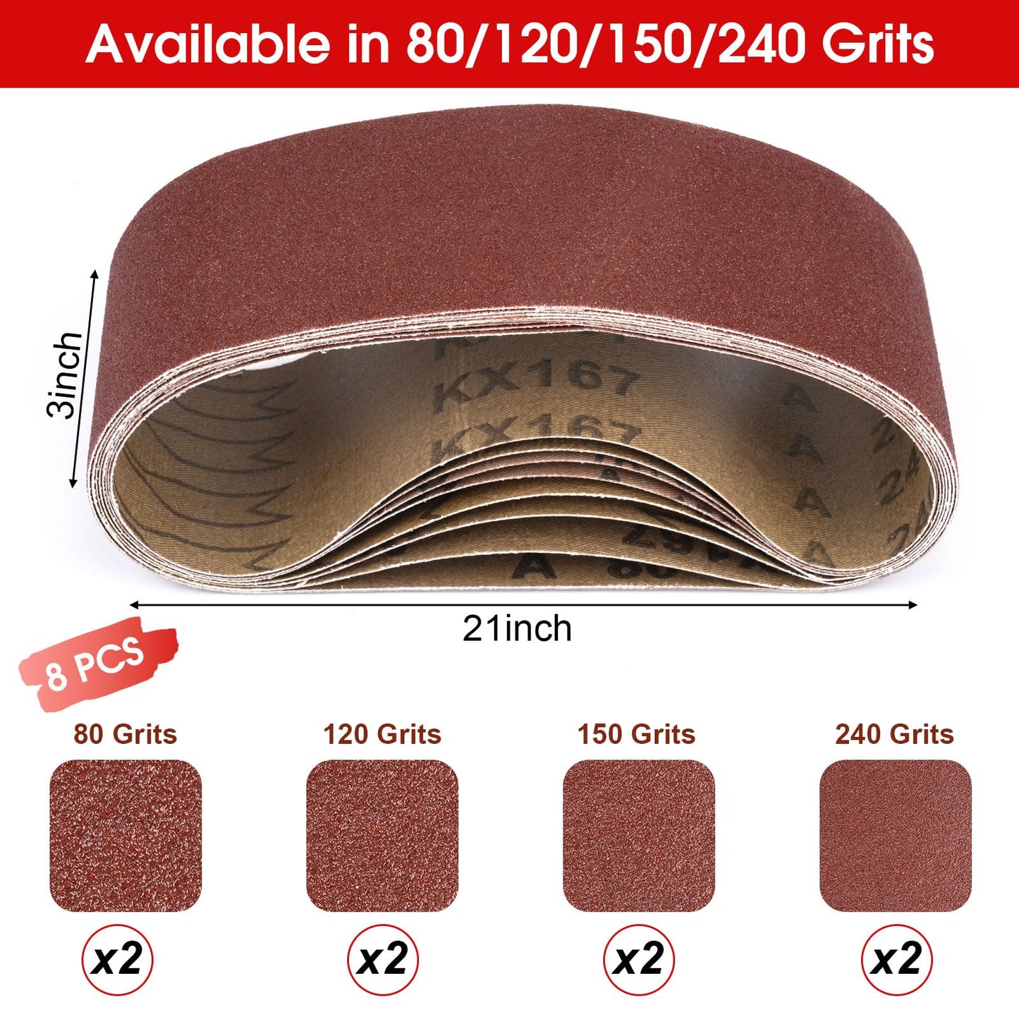 Belt Sander Sanding Belts, 8 Pcs Belt Sander Paper (2 Each of 80 120 150 240 Grits), Aluminum Oxide for Woodworking Polishing (3 x 21 inch)
