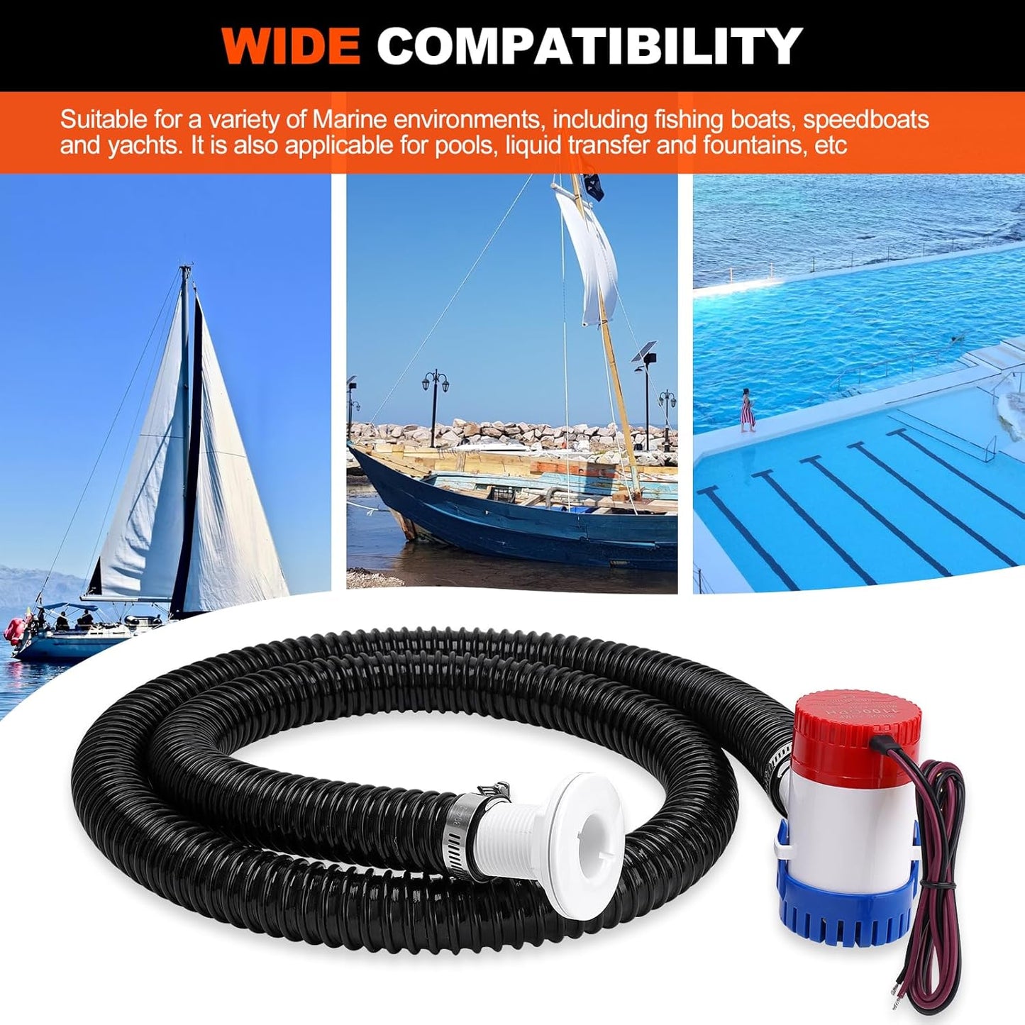 1100 GPH Boat Bilge Pump - 12V Plumbing Kit with 6FT Hose & Clamps | Ideal for Fishing Boats & Yachts