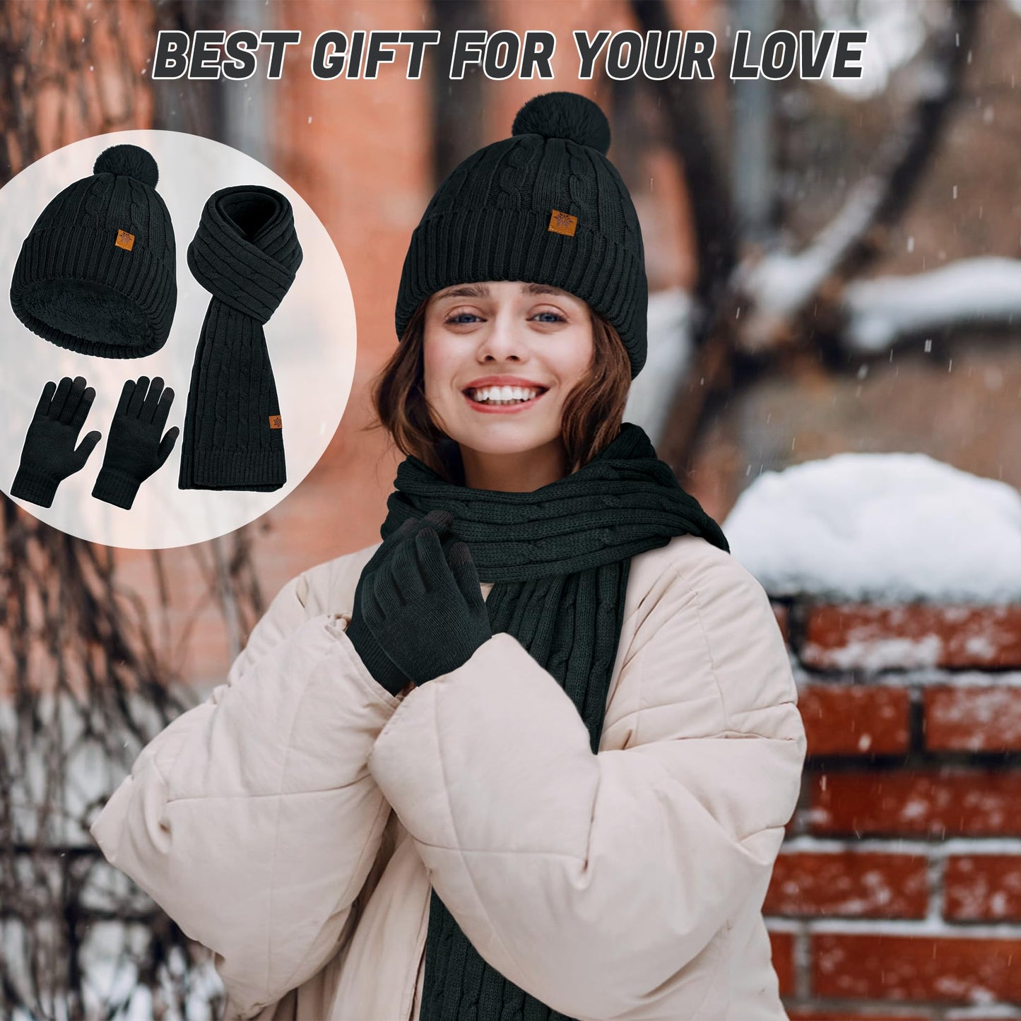 Horolam Winter Hat Scarf Gloves Set, Warm Knit Beanie Hat with Pom Pom Touch Screen Gloves for Women for Christmas Cold Weather Gifts