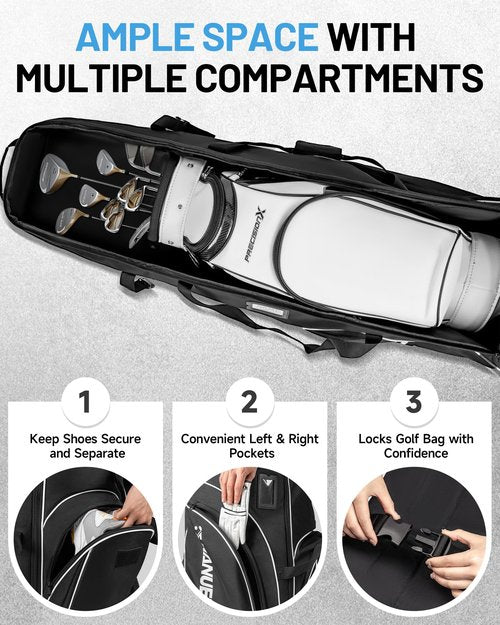 MANUEKLEAR 1680D Nylon Travel Golf Bags Club for Airlines with Wheels, Golf Travel Bags for Airlines with Padded Top, Golf Travel Case Cover with 3 Large Pocket for Golfer
