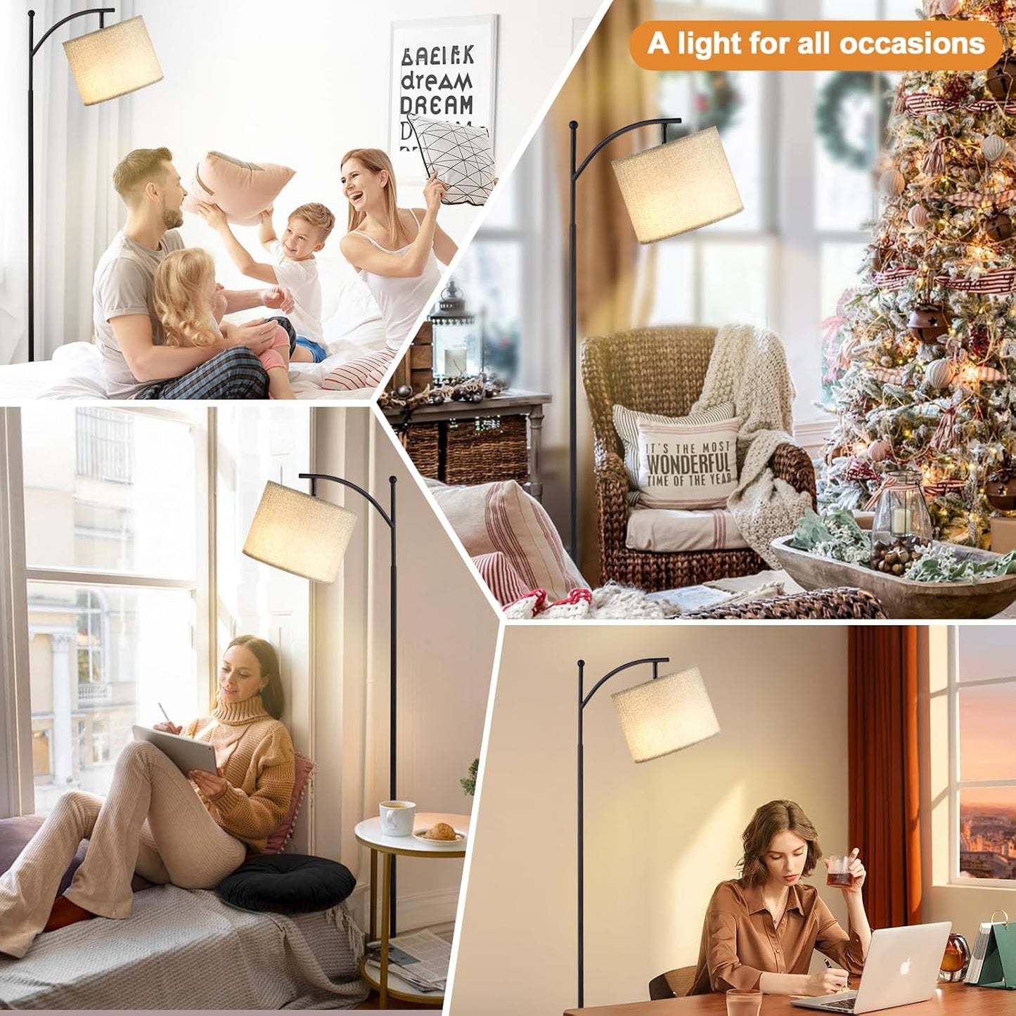 Modern 60" Floor Lamp with Remote Control & Dimmable LED Bulb - Beige Shade, Adjustable Brightness for Living Room