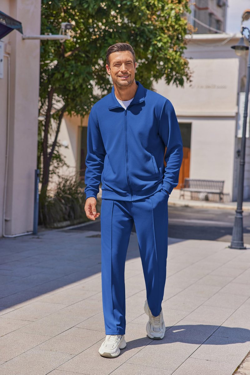 COOFANDY Blue Sweatsuit Mens Athletic Track Suits 2 Piece Set Plus Size Track Suit Long Sleeve Running Fashion Set