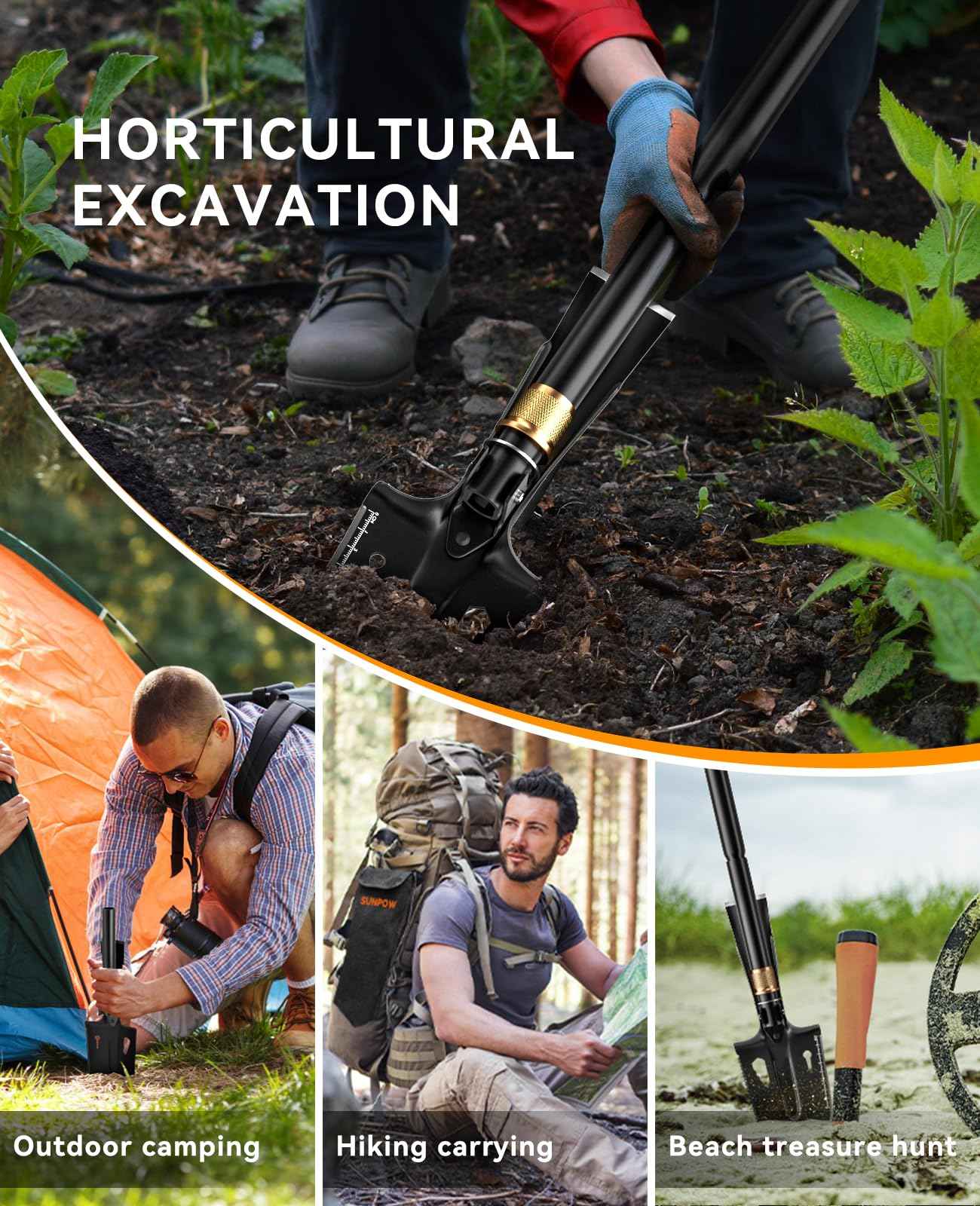 SUNPOW Shovels for Digging, Camping Shovel, Portable Shovel for Gardening, Digging, Metal Detecting, Hiking, Car Emergency - Multifunctional Lightweight Outdoor Shovel