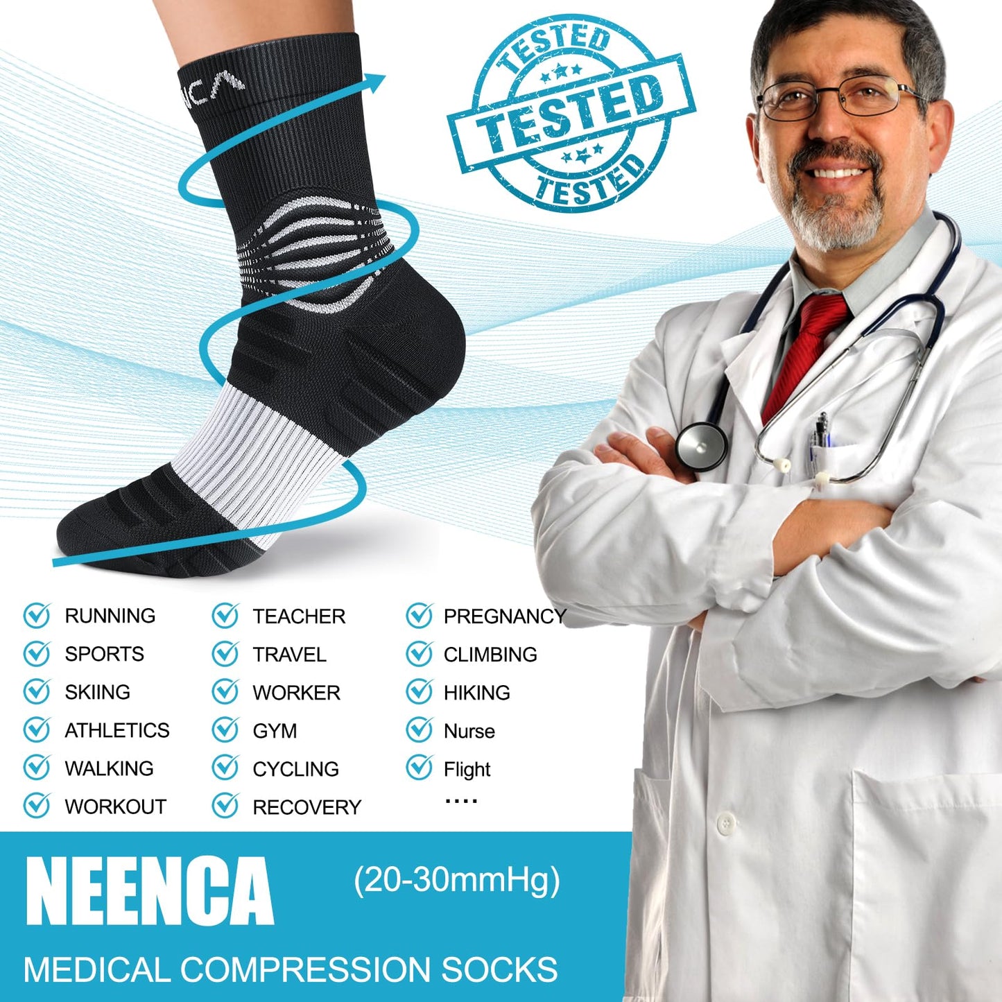 NEENCA Medical Compression Socks—2 Pairs, Ankle Socks for Injury Recovery, Pain Relief, Swelling, Sport Protection