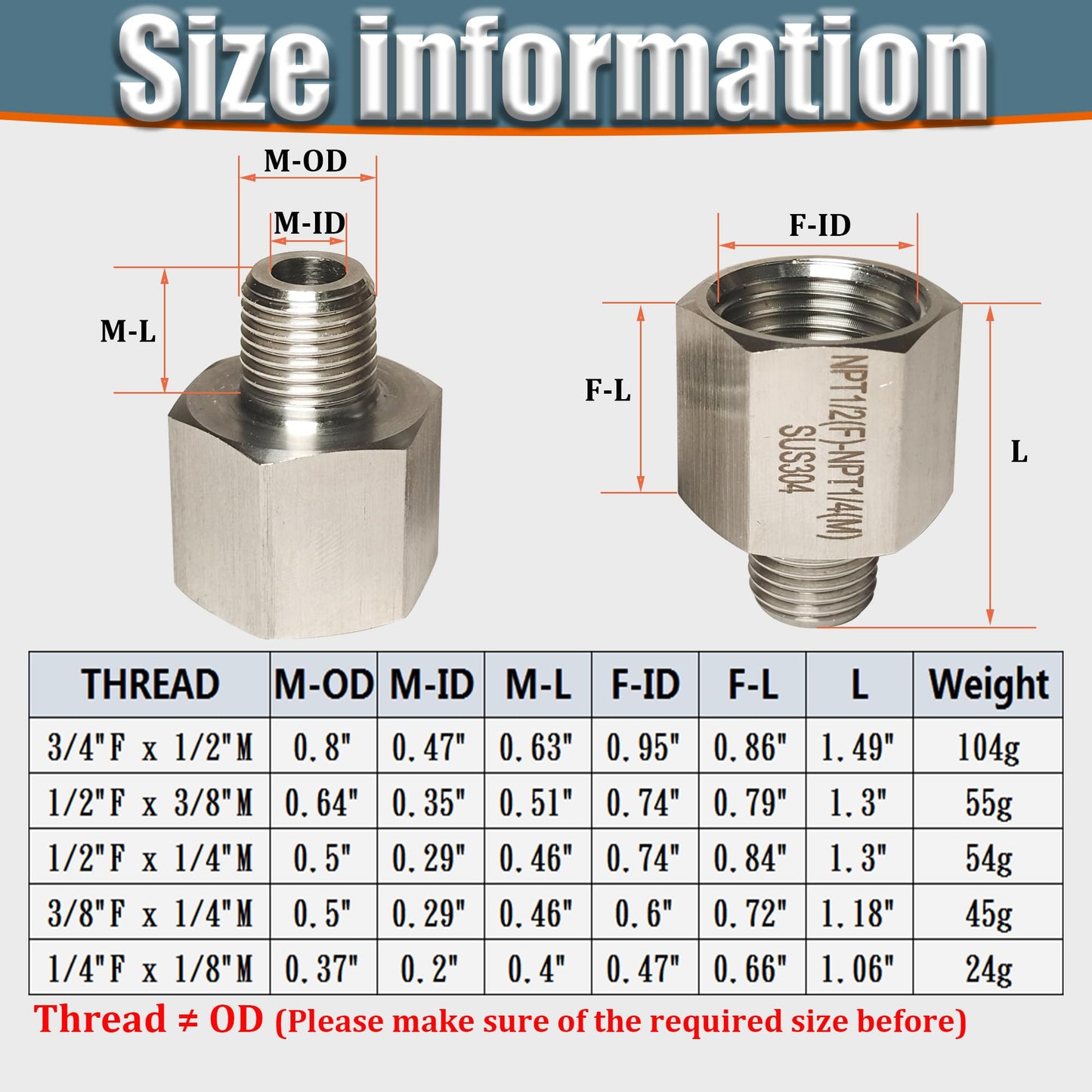 3/8" Female to 1/4" Male NPT Reducer Adapter, 304 Stainless Steel Reducing Pipe Fittings Adapter, 1/4" MNPT X 3/8" FNPT Reducer Pipe Extension Connector