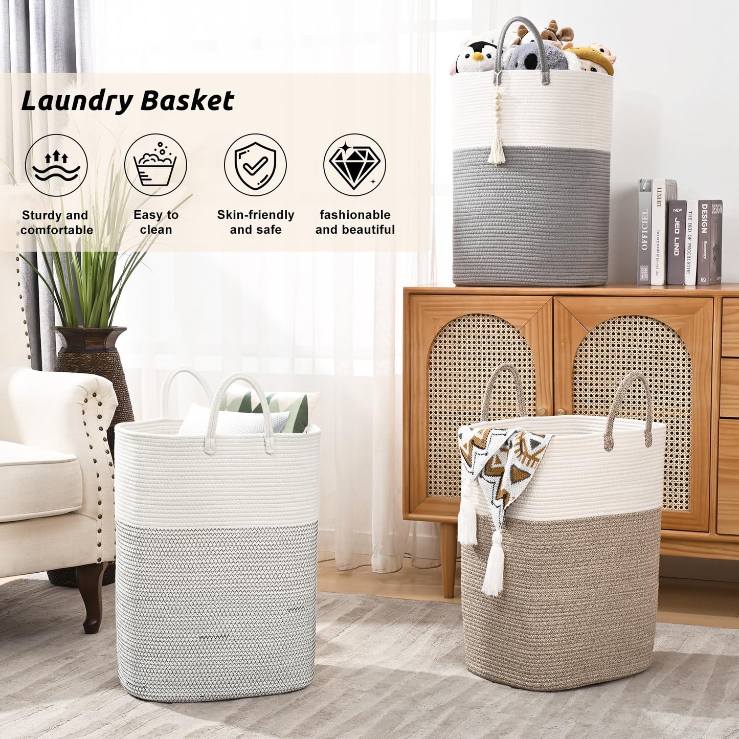 65L Woven Laundry Basket for Clothes, Large Rectangle Laundry Hampers with Beads Tassel, Nursery Storage Basket for Toys, Tall Dirty Clothes Hamper for Bedroom Aesthetic, Laundry Room Organization