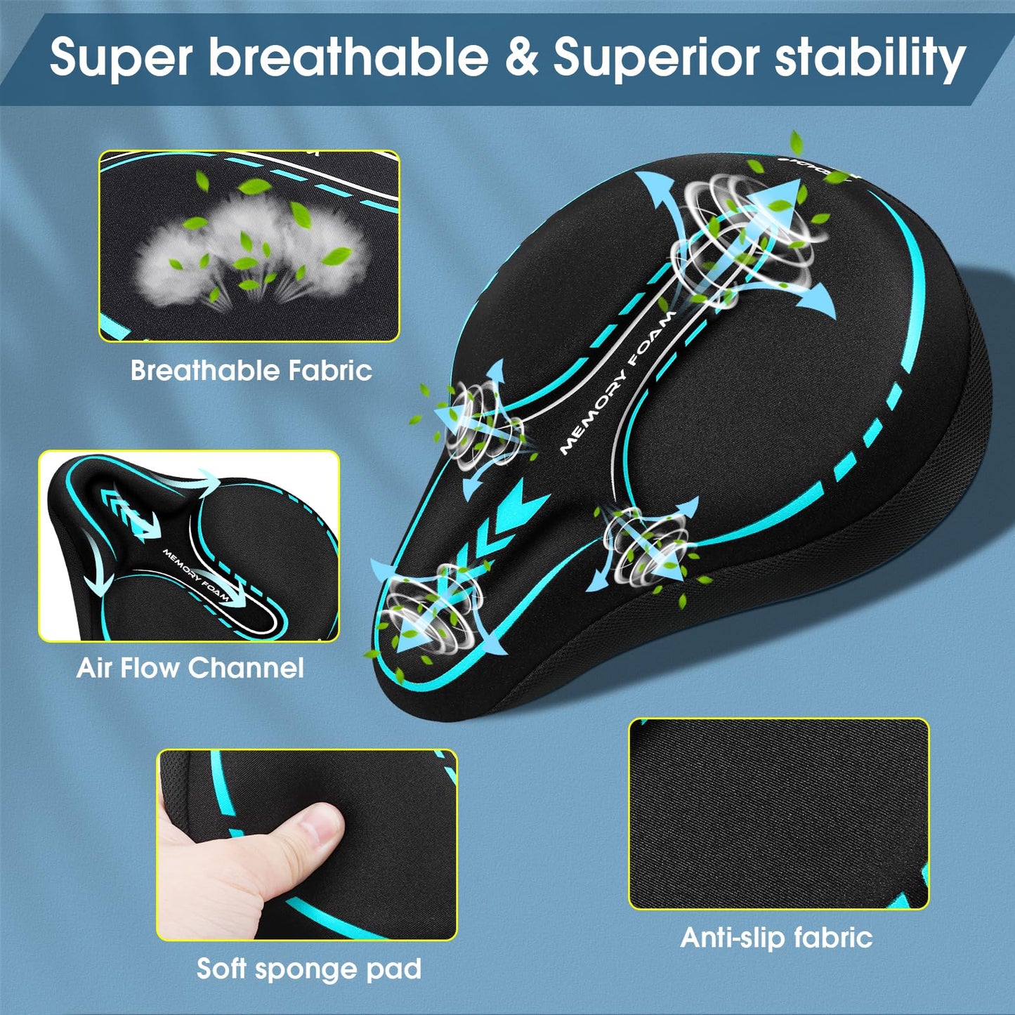 MSDADA New Large Gel Bike Seat Cover, Extra Soft Bike Seat Cushion for Men Women Comfort Wide, Fits Indoor/Outdoor/Exercise Bikes,Light Blue(11inch x 10 inch)