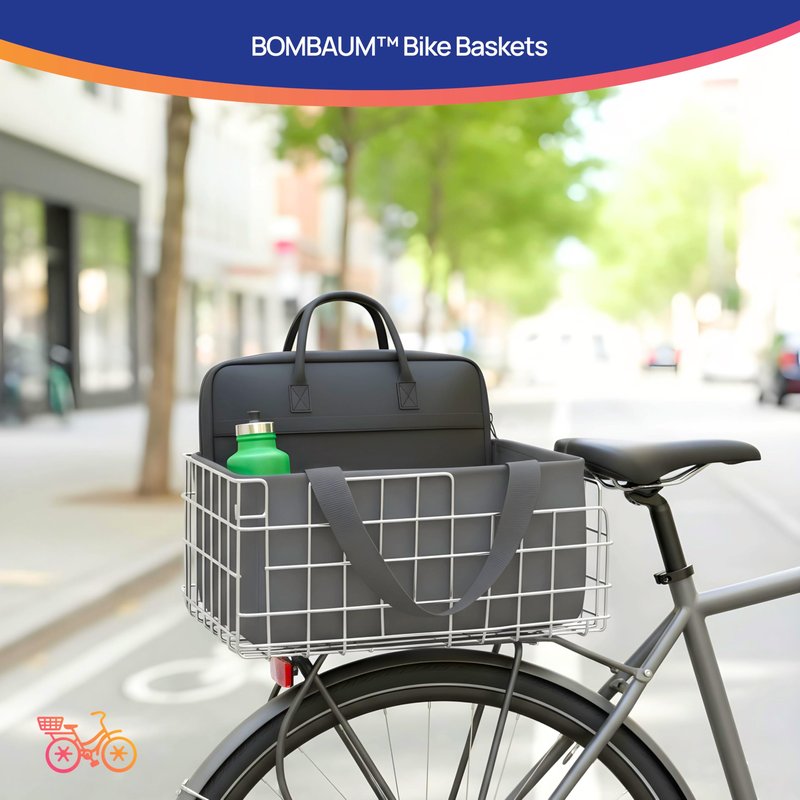 BOMBAUM Rear Bike Basket with Waterproof Cover – Heavy-Duty Collapsible Bicycle Cargo Basket, Tool-Free Rear Rack Mount, 58 lb Capacity for Grocery, Commuting & Ebikes (Charcoal Gray Liner)
